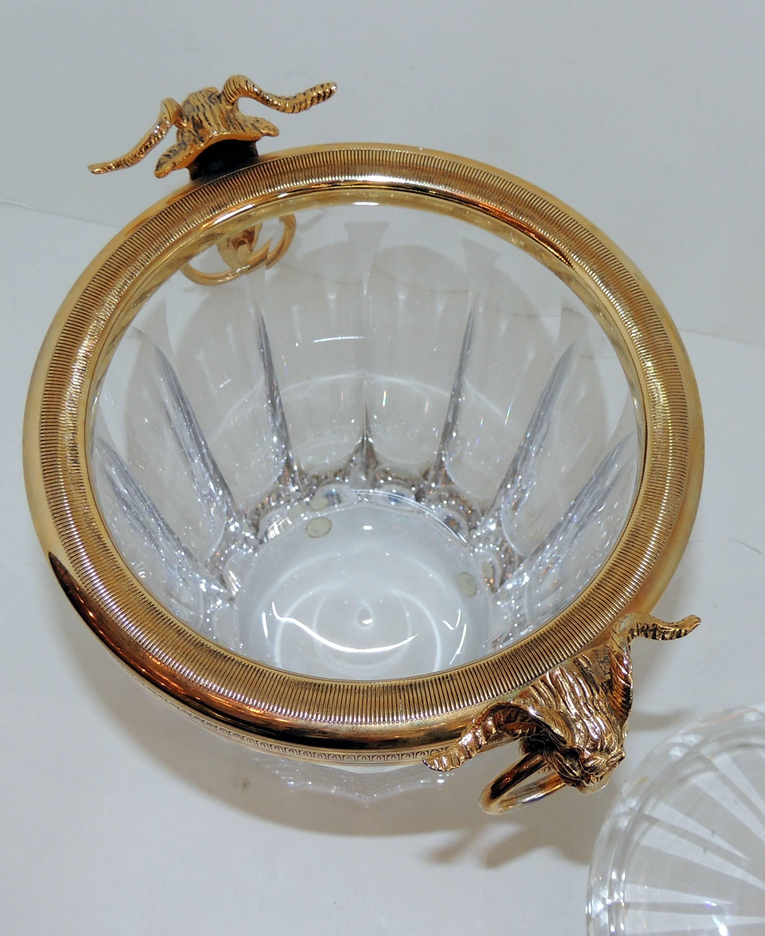 Wonderful Martin Benito Signed Crystal Gilt Bronze Ormolu Ram Handle Ice Bucket In Good Condition In Roslyn, NY