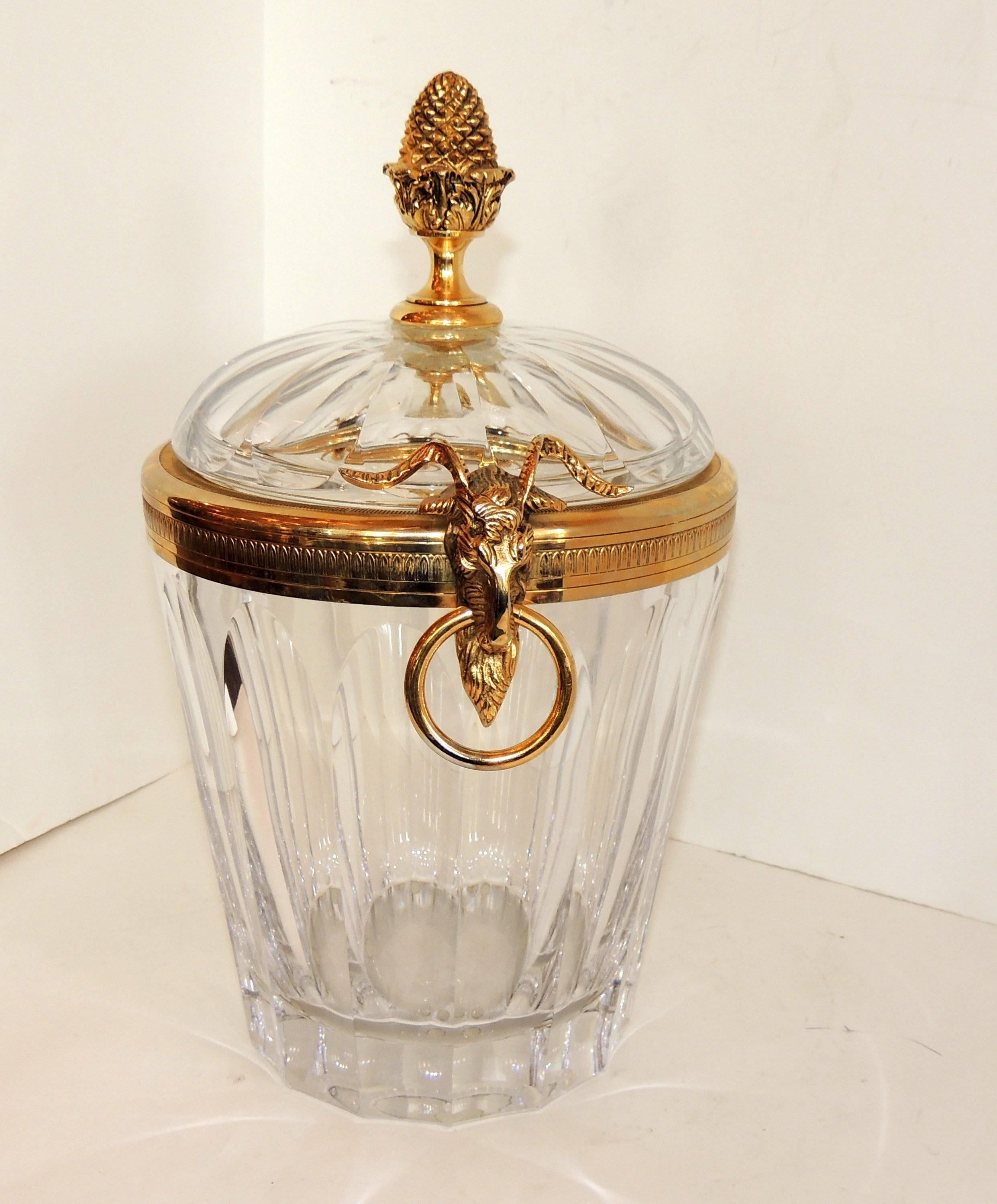 French Wonderful Martin Benito Signed Crystal Gilt Bronze Ormolu Ram Handle Ice Bucket