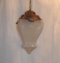 Wonderful French Bronze Original Milk Curved Glass Chandelier Lantern Fixture