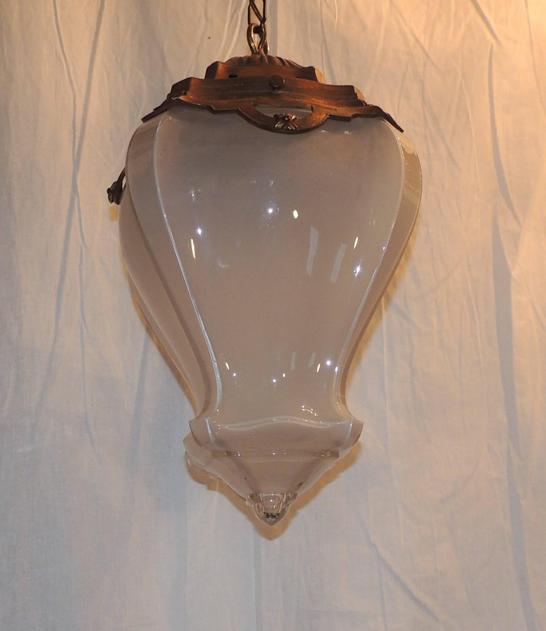 Gilt Wonderful French Bronze Original Milk Curved Glass Chandelier Lantern Fixture