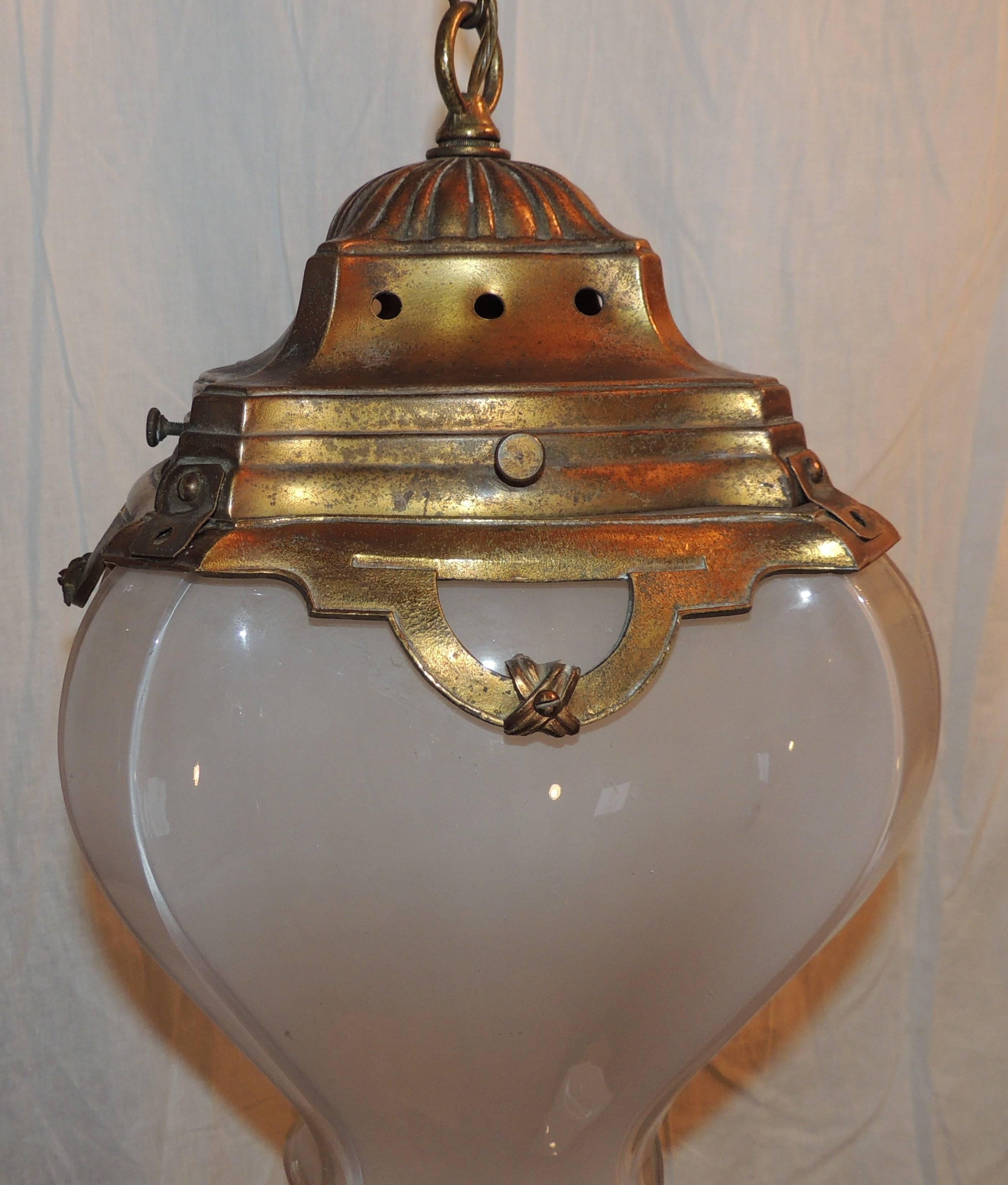 Wonderful French Bronze Original Milk Curved Glass Chandelier Lantern Fixture In Good Condition In Roslyn, NY