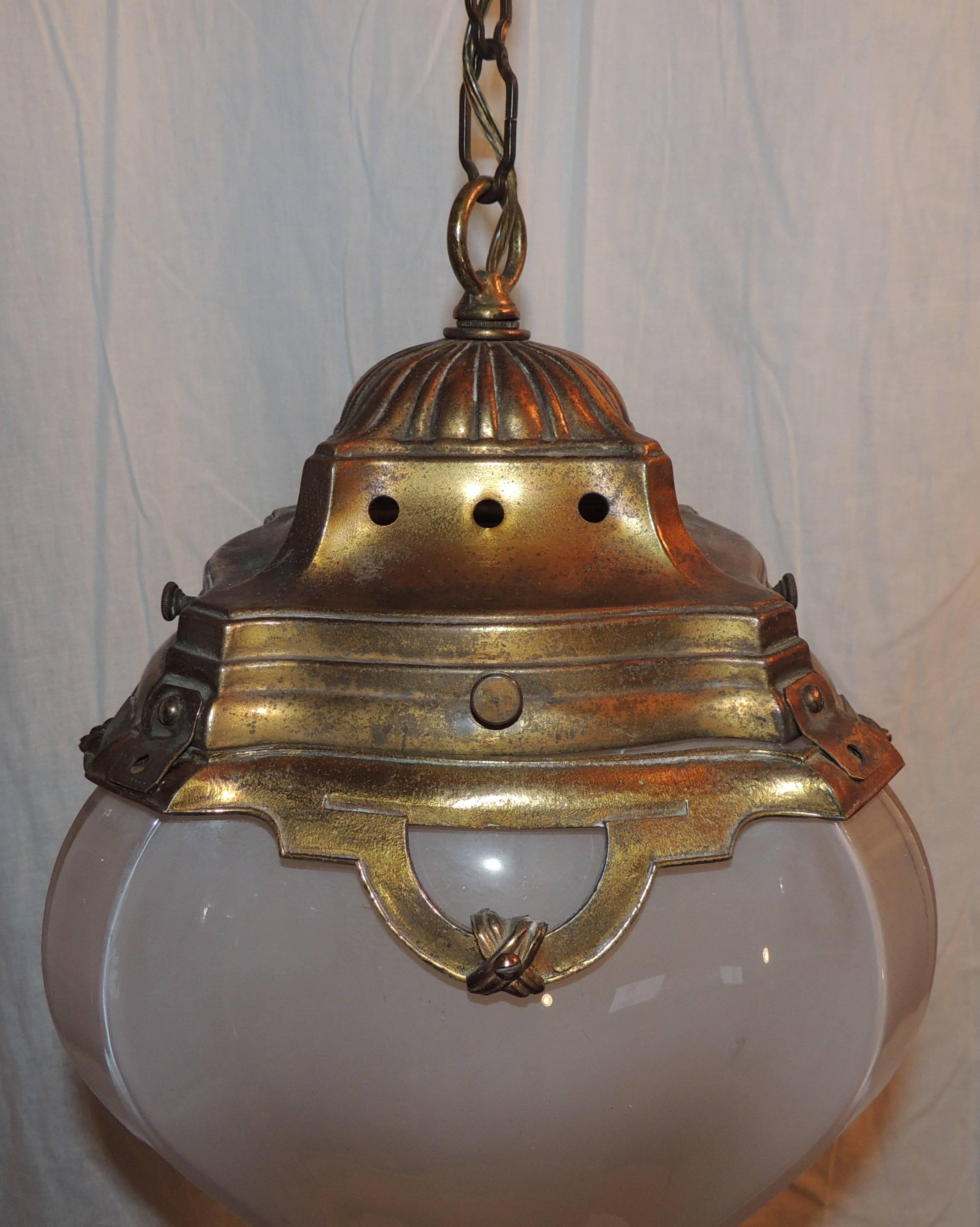Mid-20th Century Wonderful French Bronze Original Milk Curved Glass Chandelier Lantern Fixture