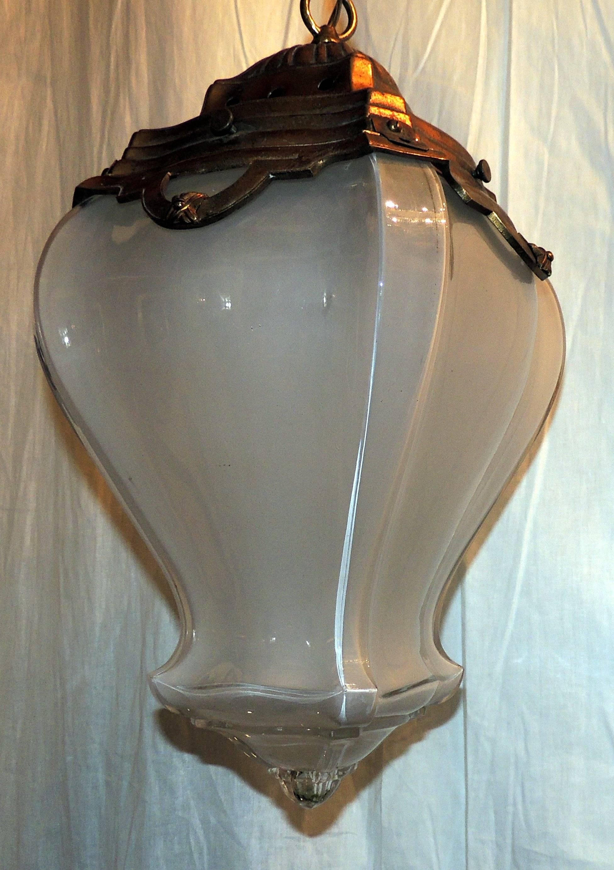 Wonderful French Bronze Original Milk Curved Glass Chandelier Lantern Fixture 1