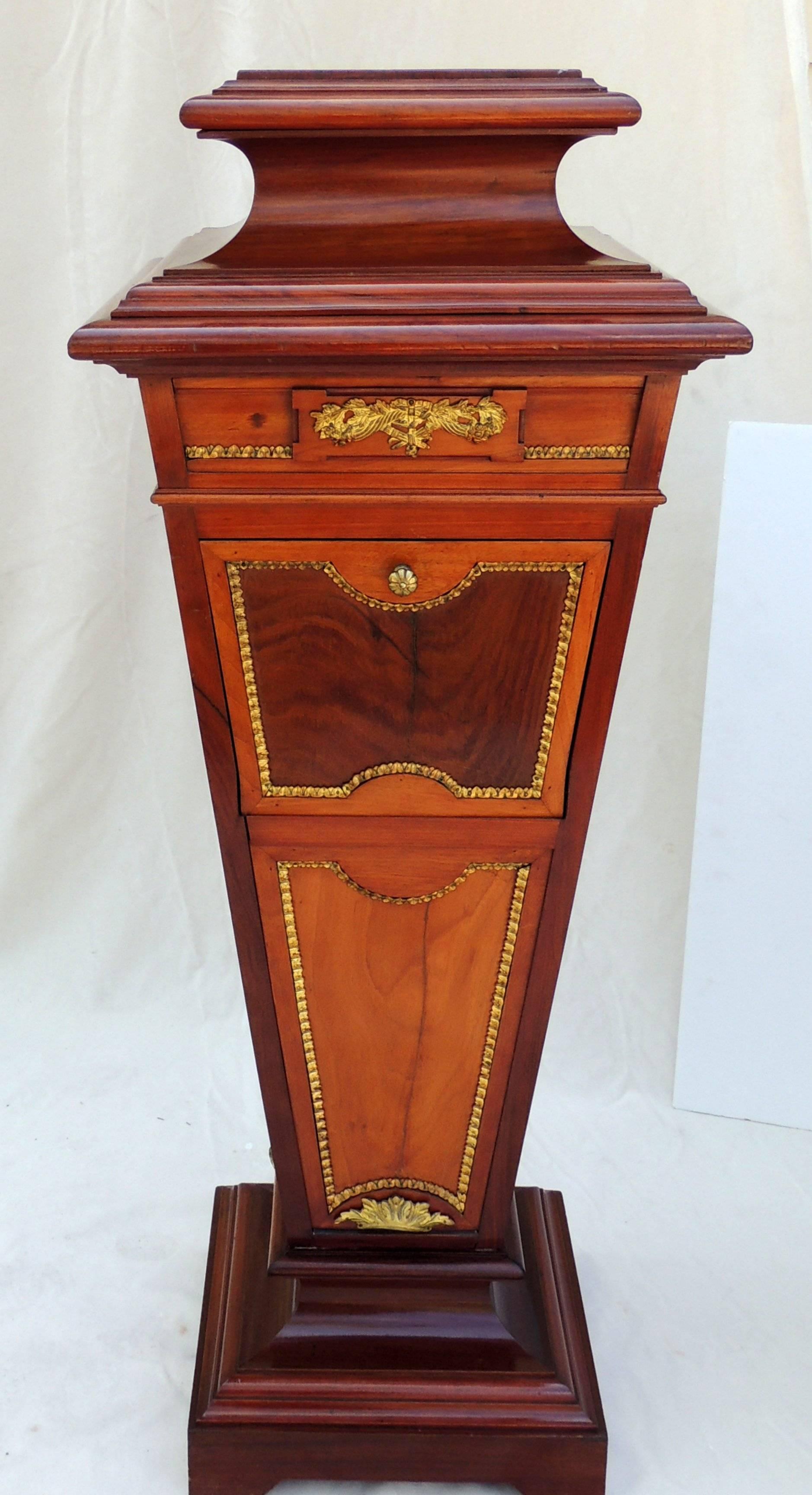 Wonderful French fine ormolu bronze-mounted mahogany pedestal with marble top and two drawers.

 Measures: 52" H x 16" W.