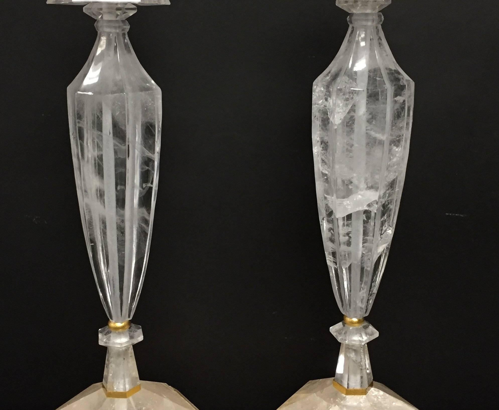 Late 20th Century Fine Pair Gilt Rock Crystal Modern Jansen Transitional Baguès Vintage Lamps