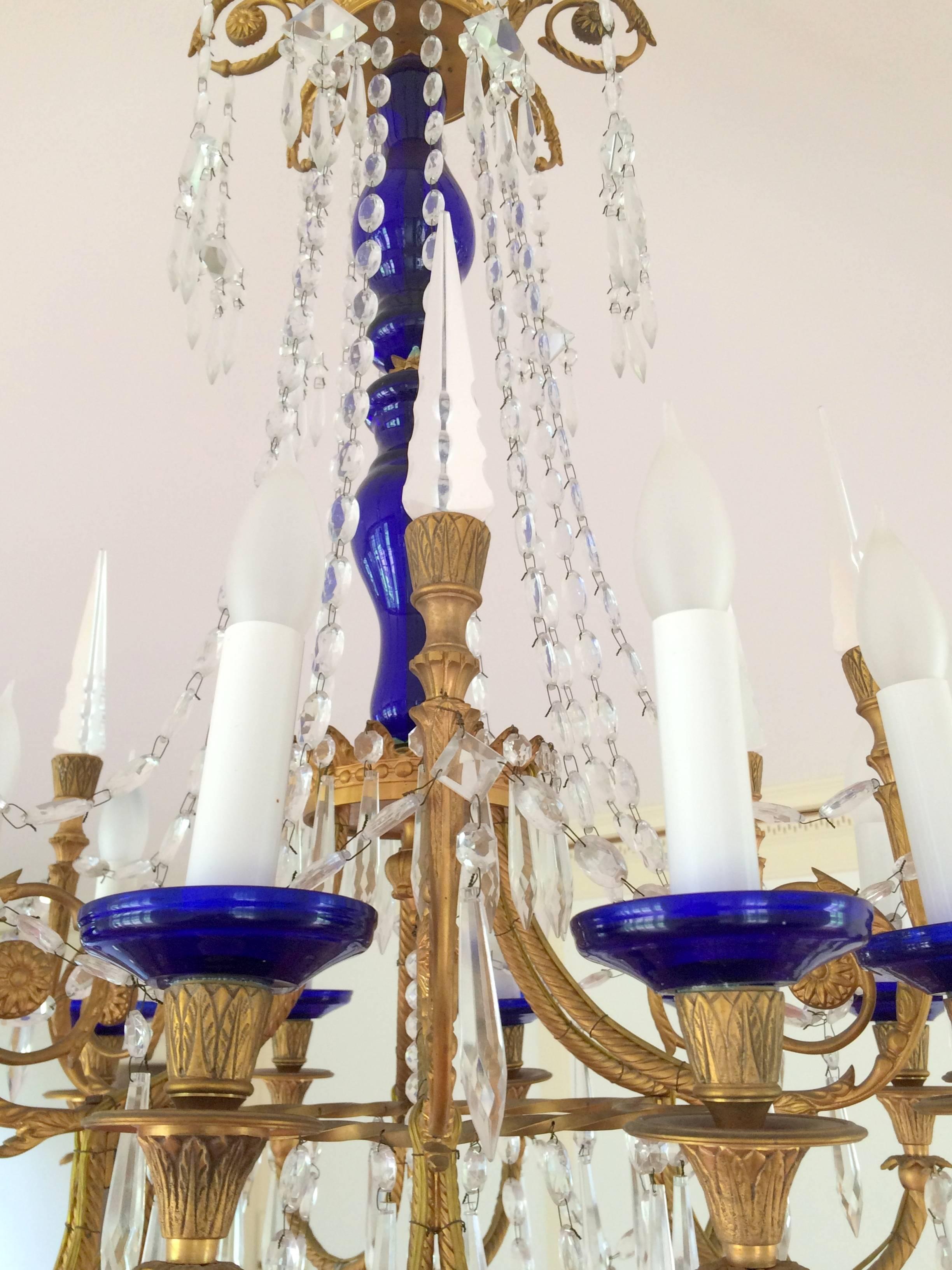 Wonderful Pair French Doré Bronze Cobalt Blue Glass Crystal Regency Chandeliers In Good Condition For Sale In Roslyn, NY
