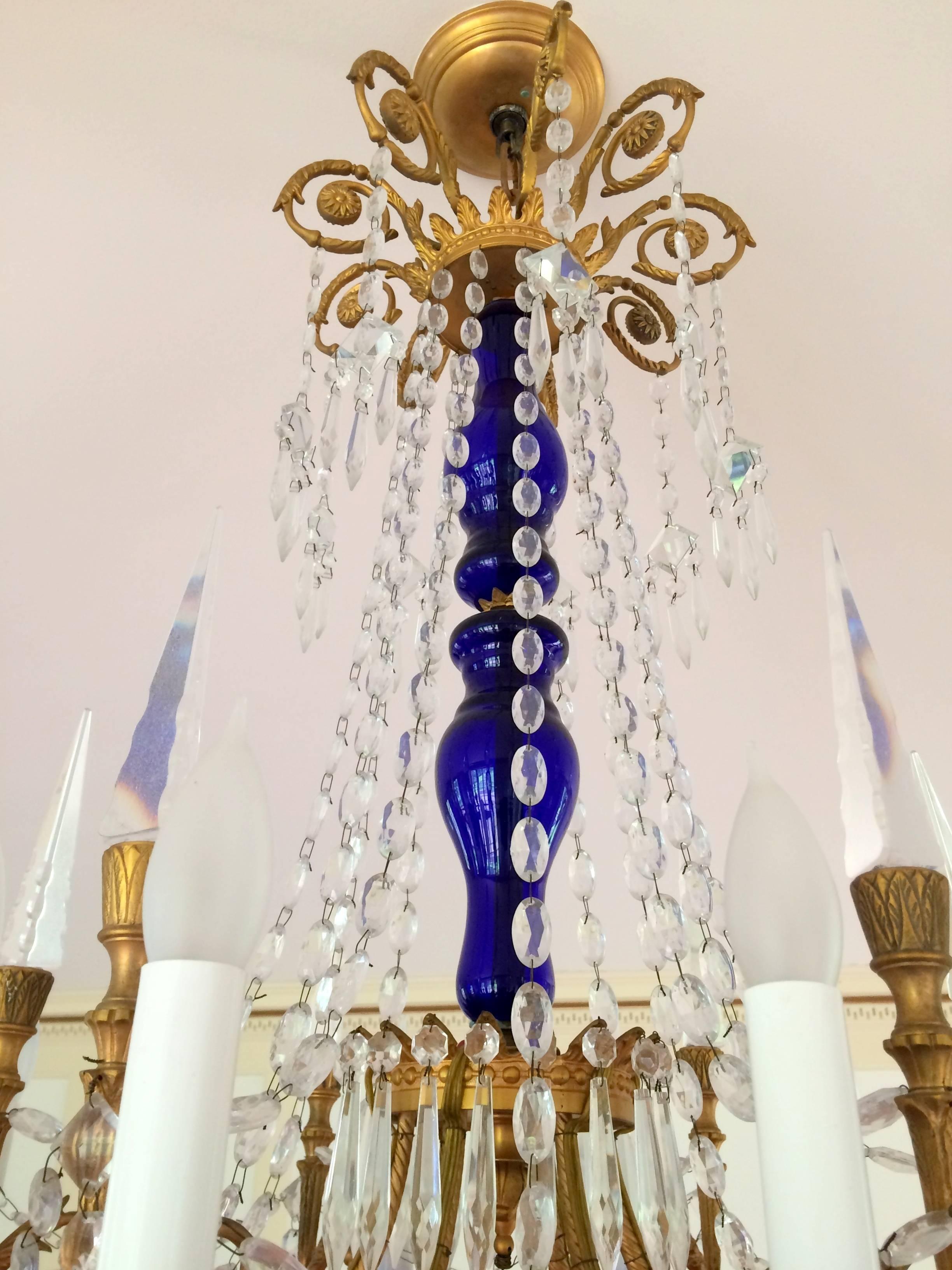 Gilt Wonderful Pair French Doré Bronze Cobalt Blue Glass Crystal Regency Chandeliers For Sale
