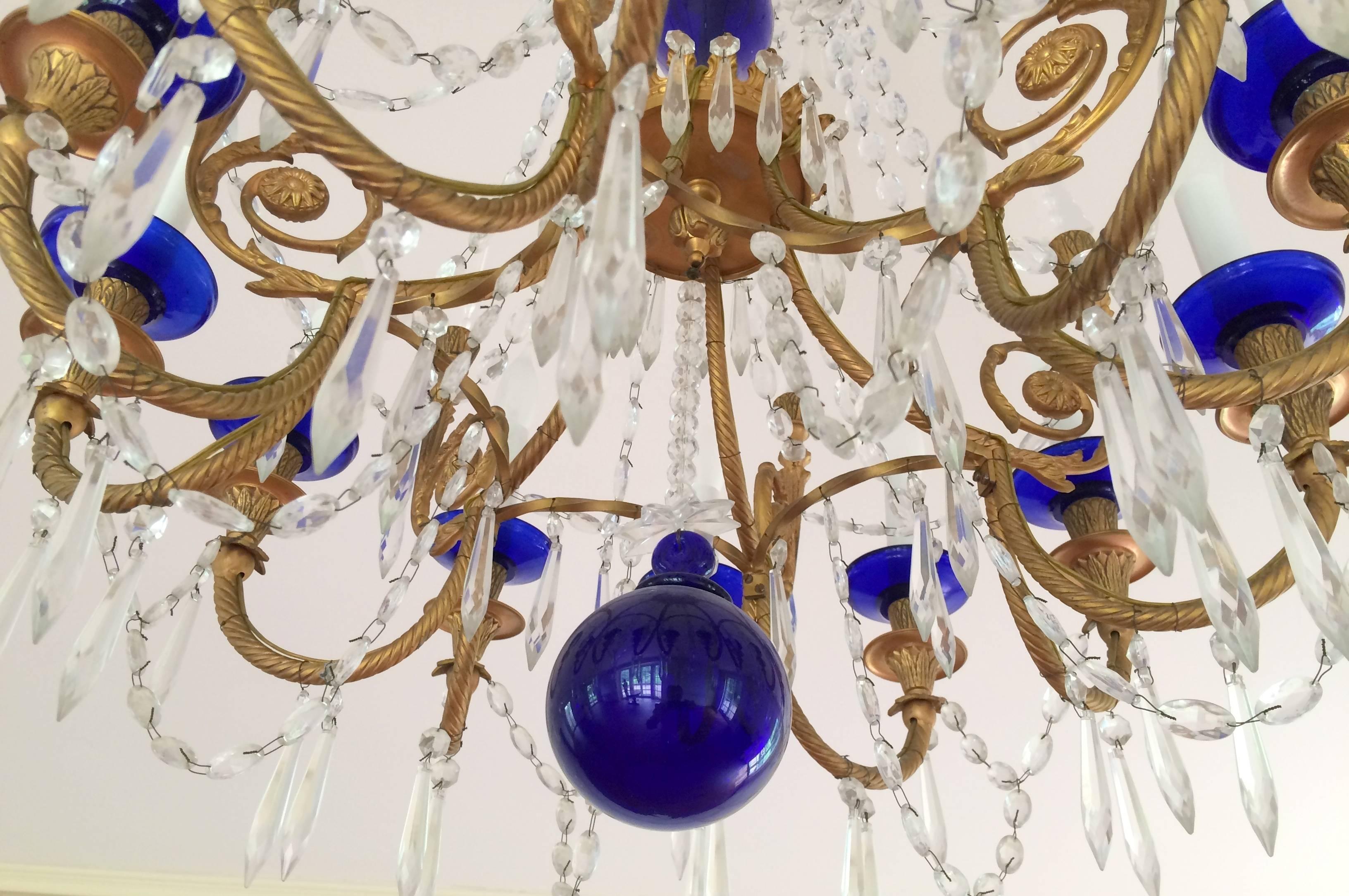 Early 20th Century Wonderful Pair French Doré Bronze Cobalt Blue Glass Crystal Regency Chandeliers For Sale
