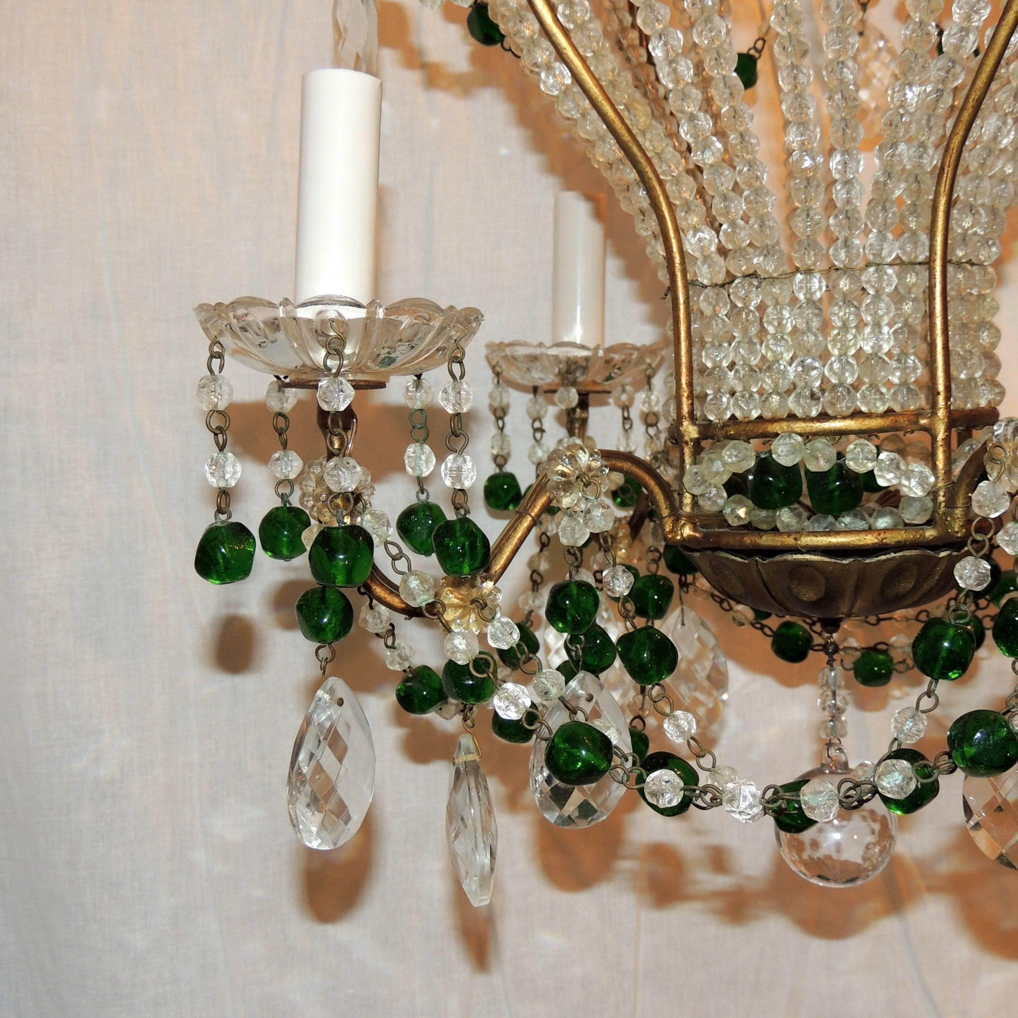Wonderful Pair Emerald Green Beaded Crystal Hot Air Balloon Chandelier Fixtures In Good Condition In Roslyn, NY