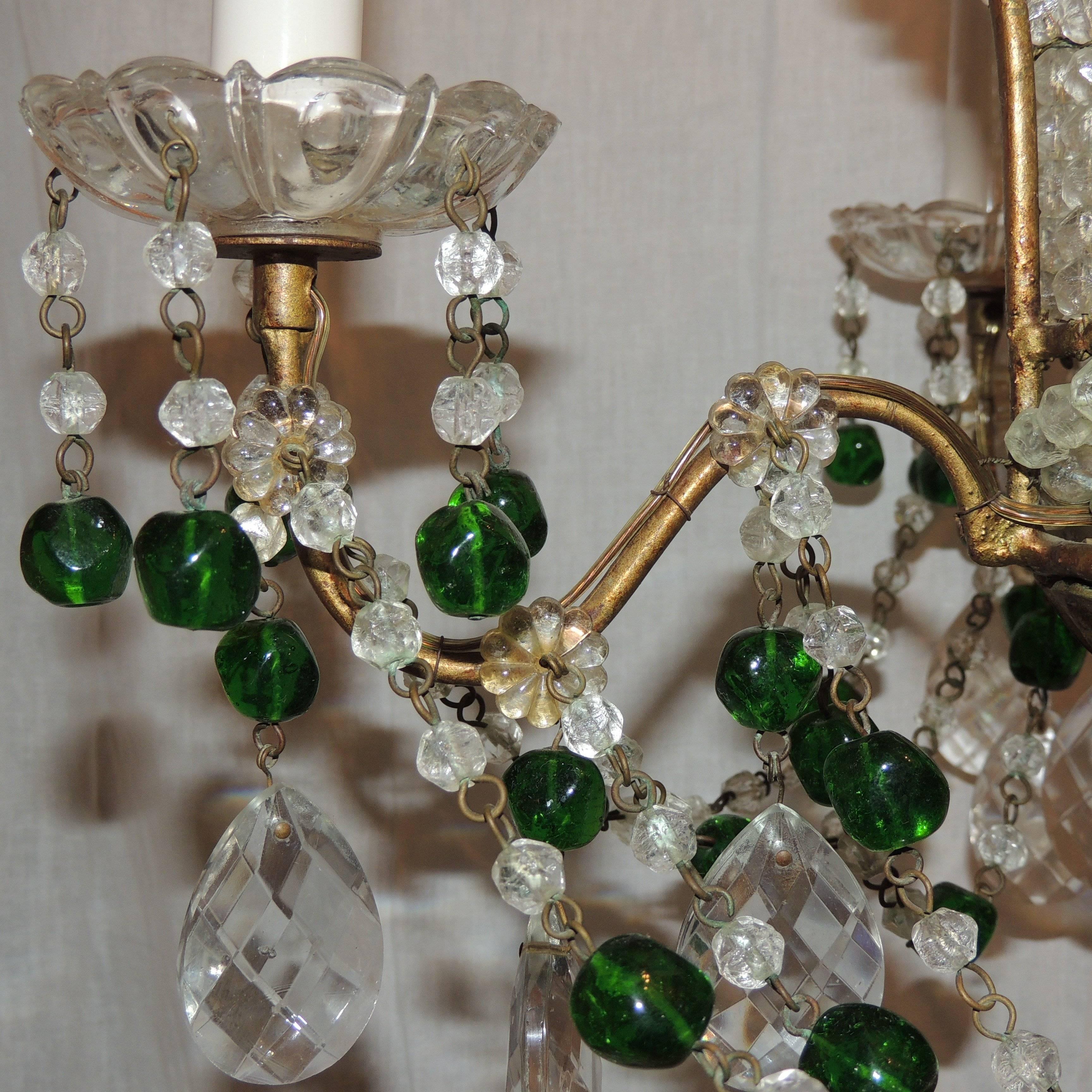 Early 20th Century Wonderful Pair Emerald Green Beaded Crystal Hot Air Balloon Chandelier Fixtures