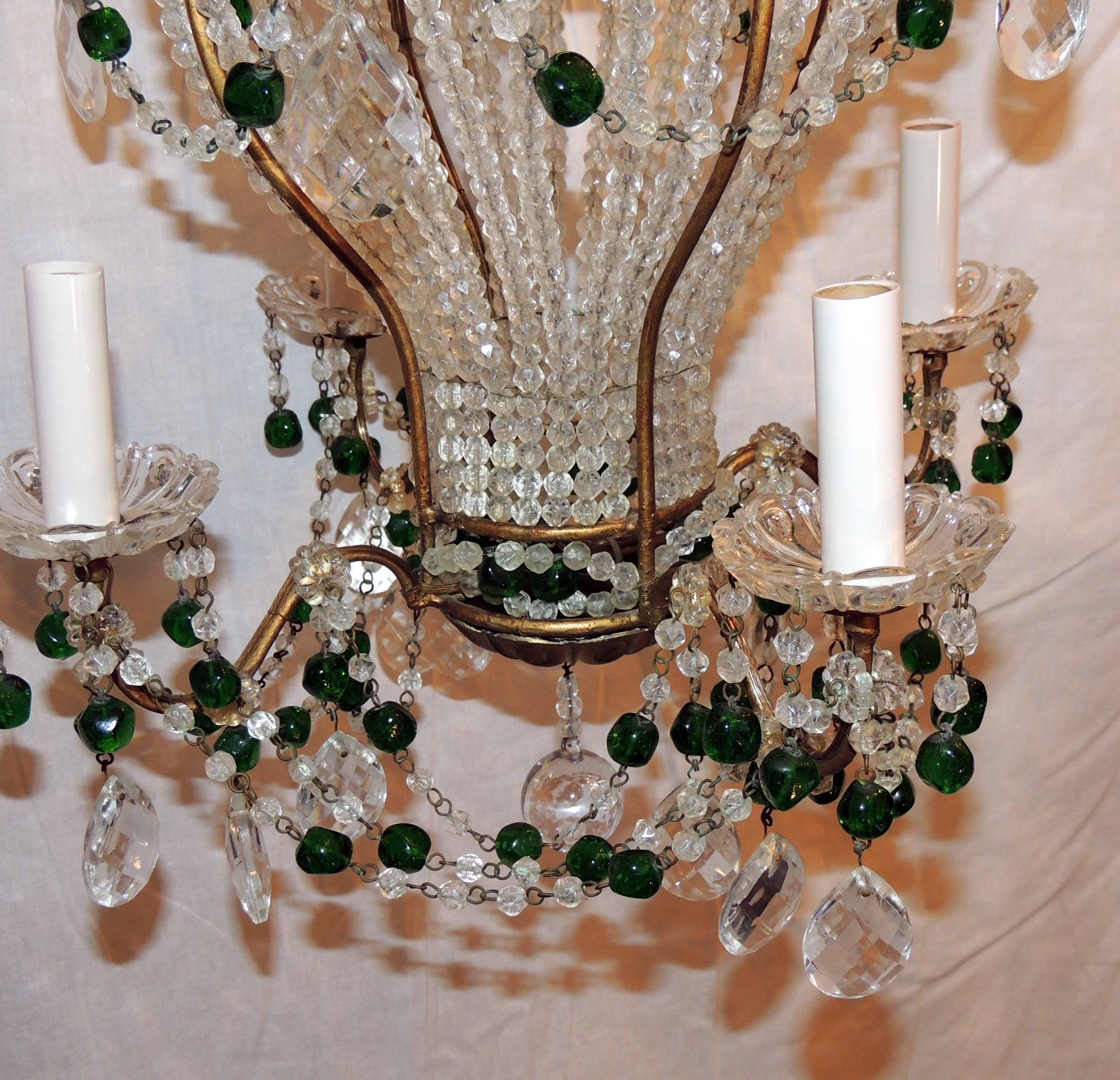 Italian Wonderful Pair Emerald Green Beaded Crystal Hot Air Balloon Chandelier Fixtures