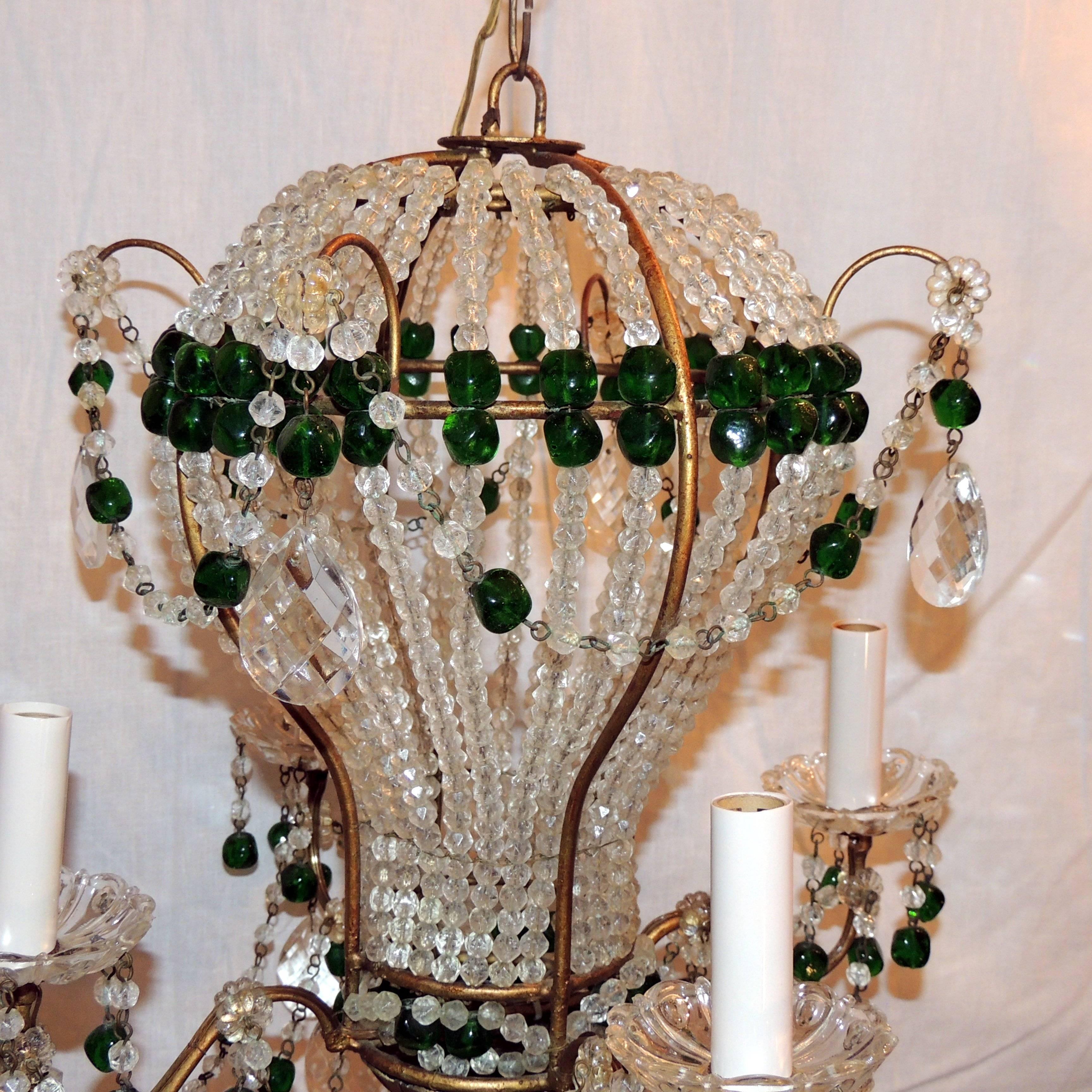 Belle Époque Wonderful Pair Emerald Green Beaded Crystal Hot Air Balloon Chandelier Fixtures