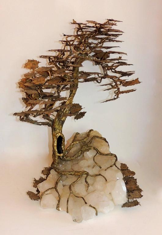 Wonderful Large Bronze Fine Tree Sculpture Quartz Leaves ...