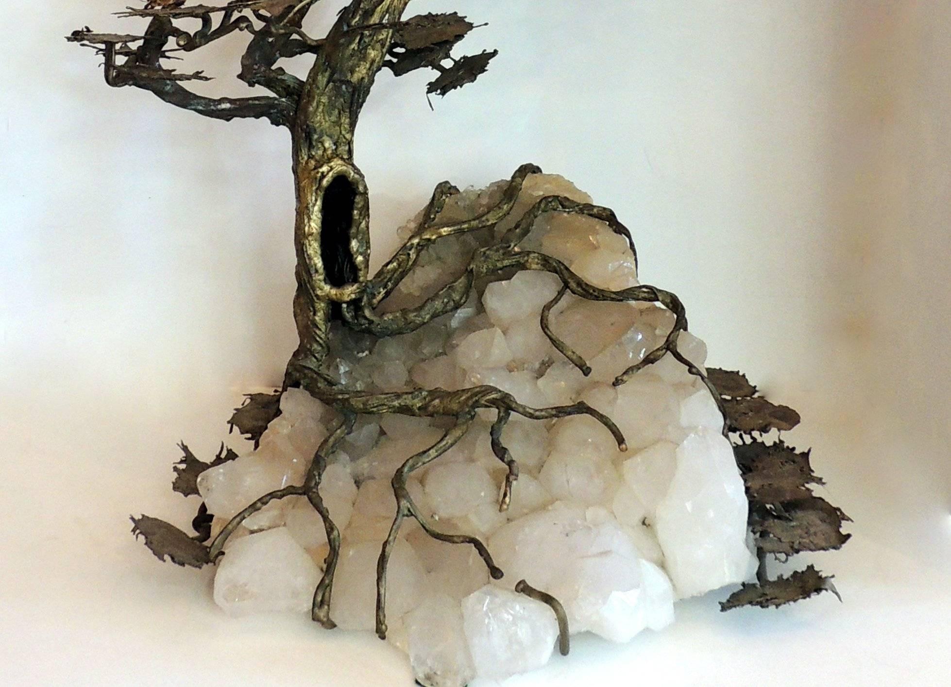 Mid-Century Modern Wonderful Large Bronze Fine Tree Sculpture Quartz Leaves Rock Crystal Leaf Base