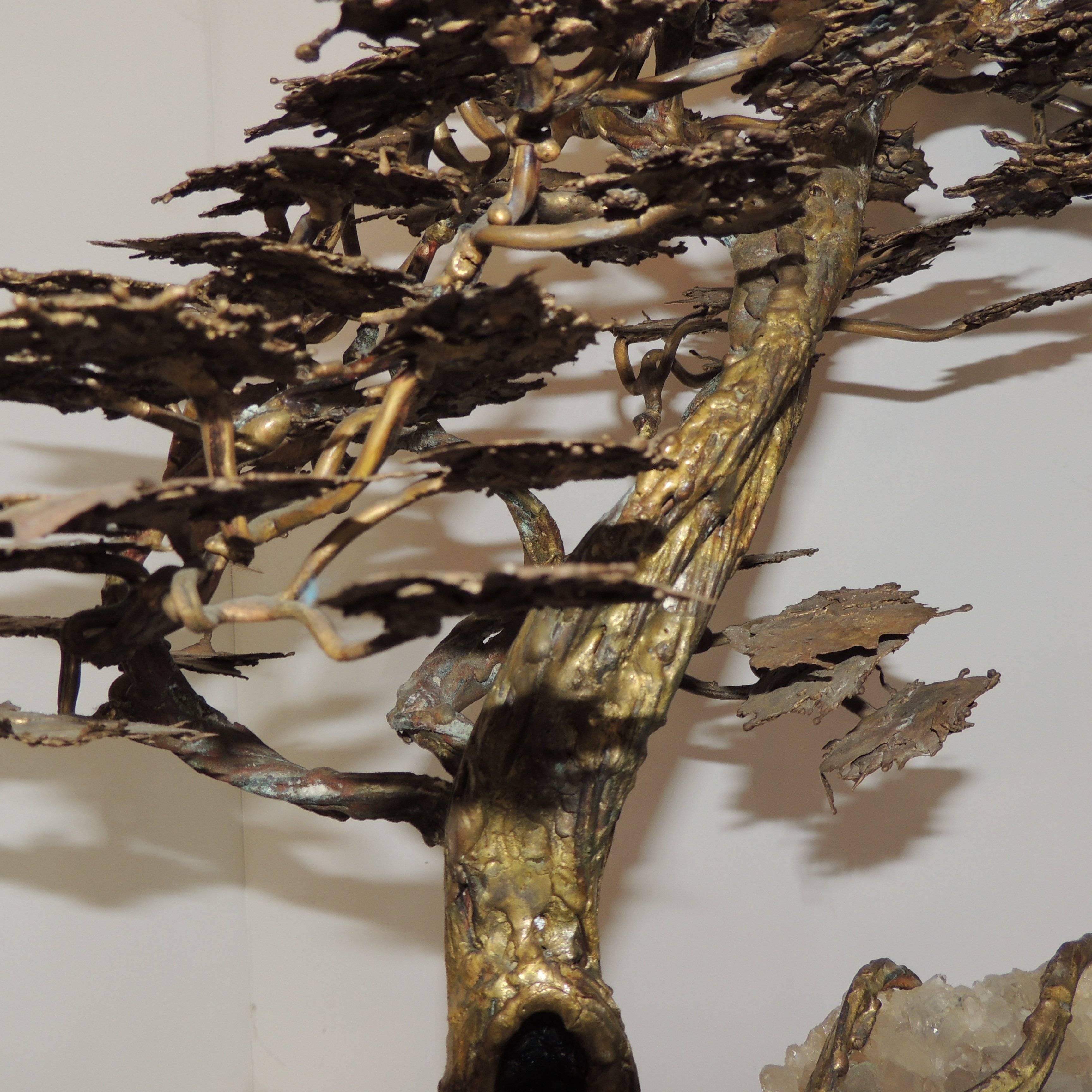 Wonderful Large Bronze Fine Tree Sculpture Quartz Leaves Rock Crystal Leaf Base In Good Condition In Roslyn, NY