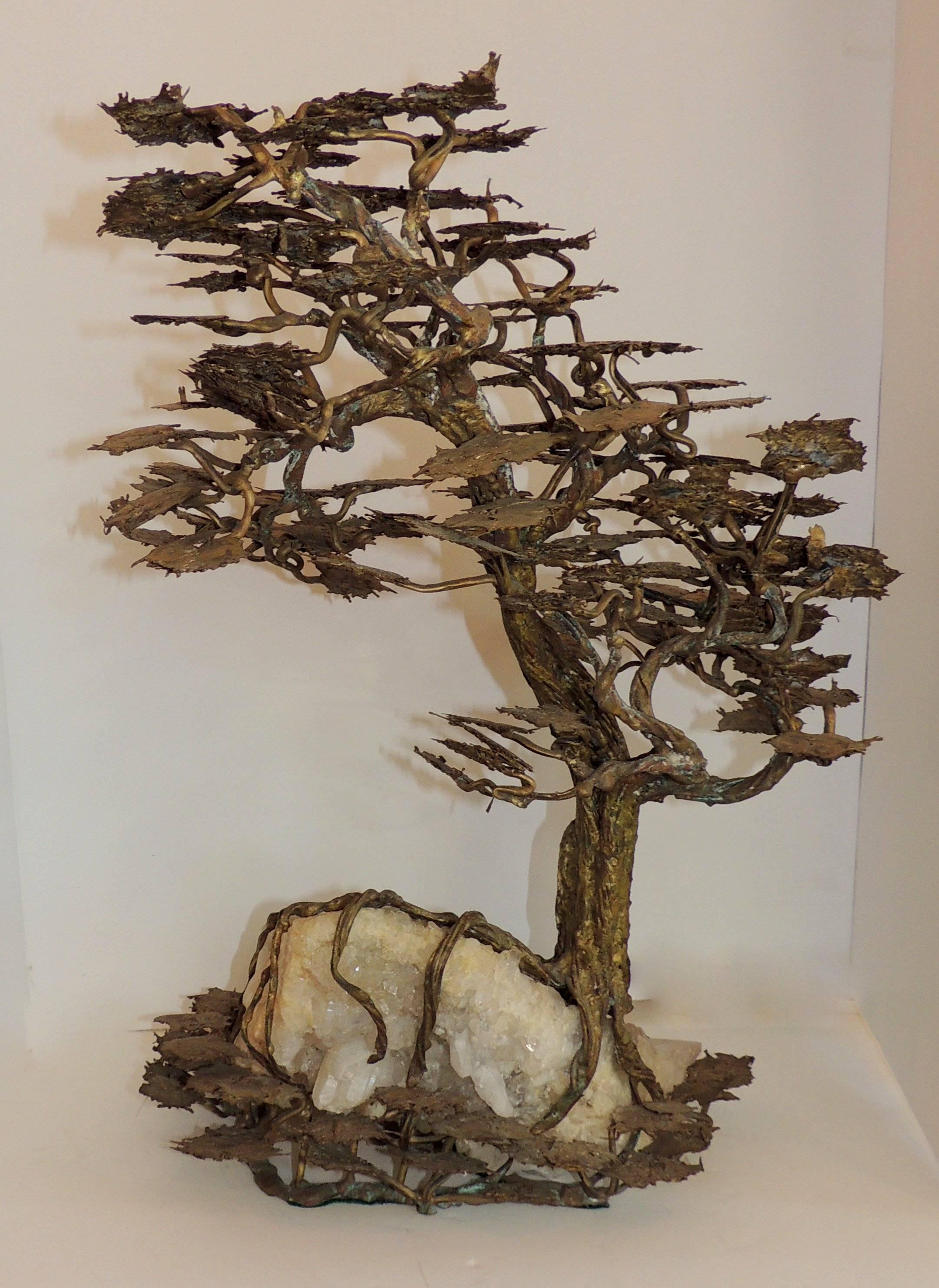 Mid-20th Century Wonderful Large Bronze Fine Tree Sculpture Quartz Leaves Rock Crystal Leaf Base