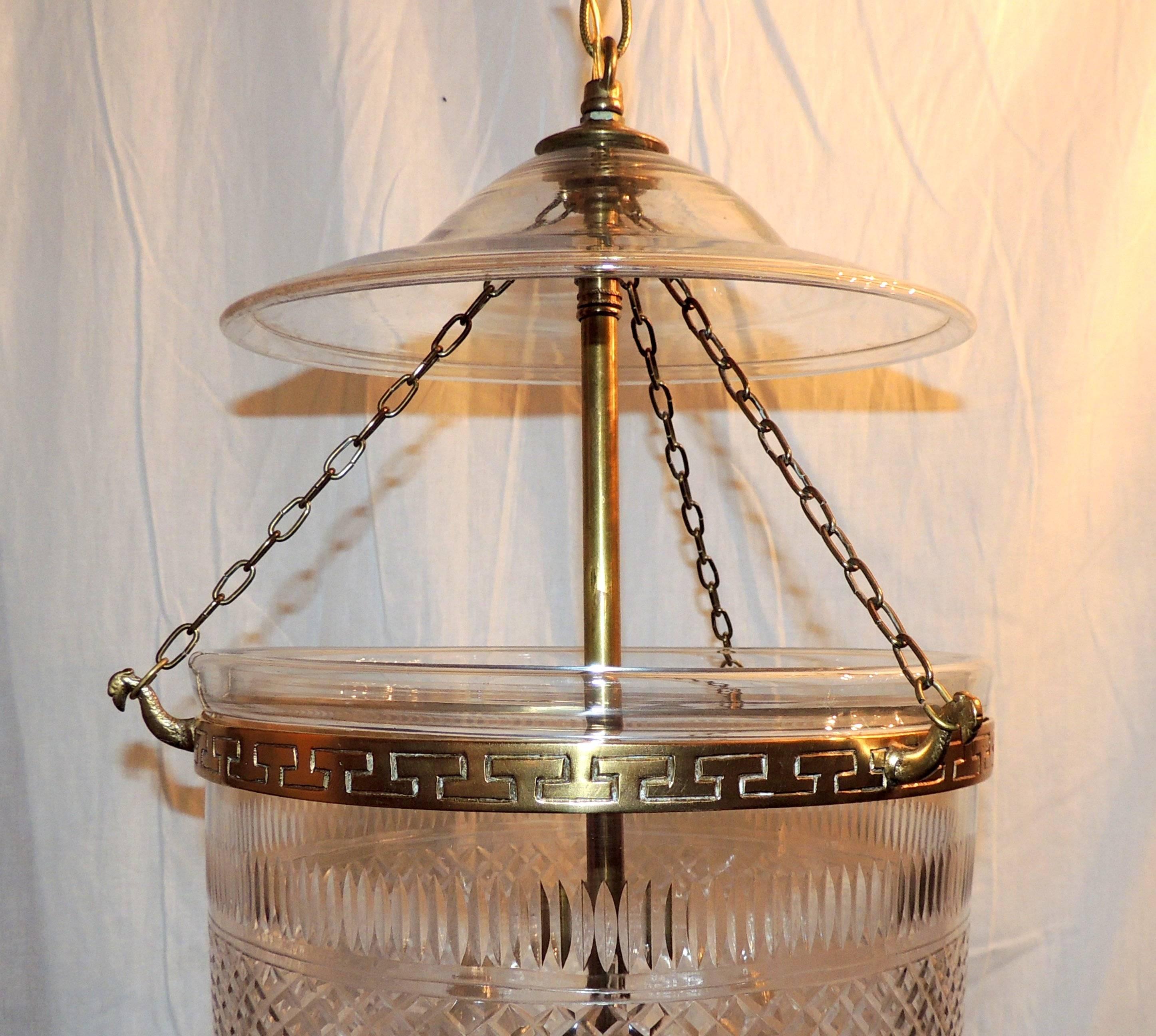 Wonderful Pair Cut Glass & Etched Diamond Crystal Bell Jar Lanterns Brass Bronze In Good Condition In Roslyn, NY