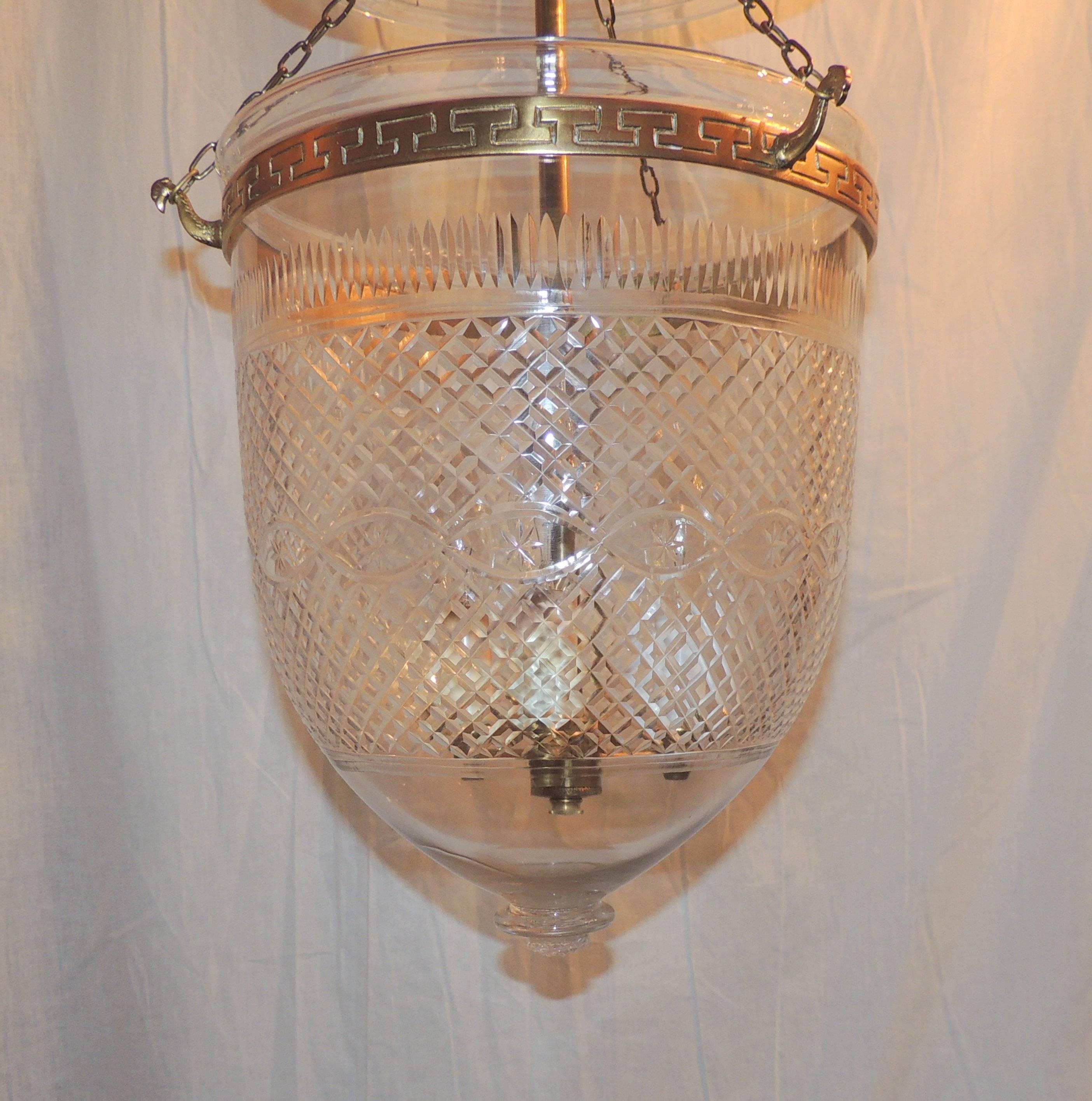 Mid-20th Century Wonderful Pair Cut Glass & Etched Diamond Crystal Bell Jar Lanterns Brass Bronze