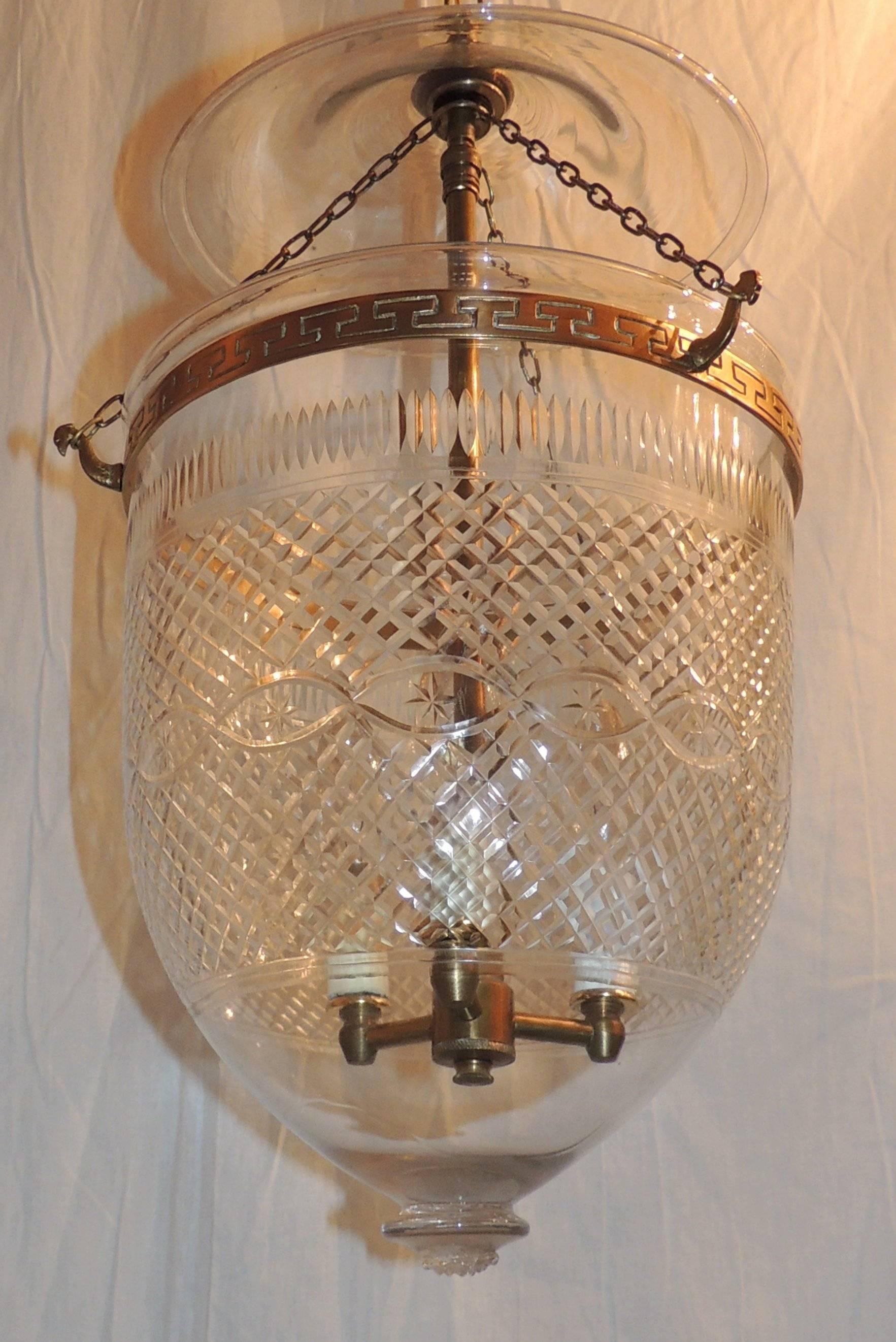Wonderful Pair Cut Glass & Etched Diamond Crystal Bell Jar Lanterns Brass Bronze 2