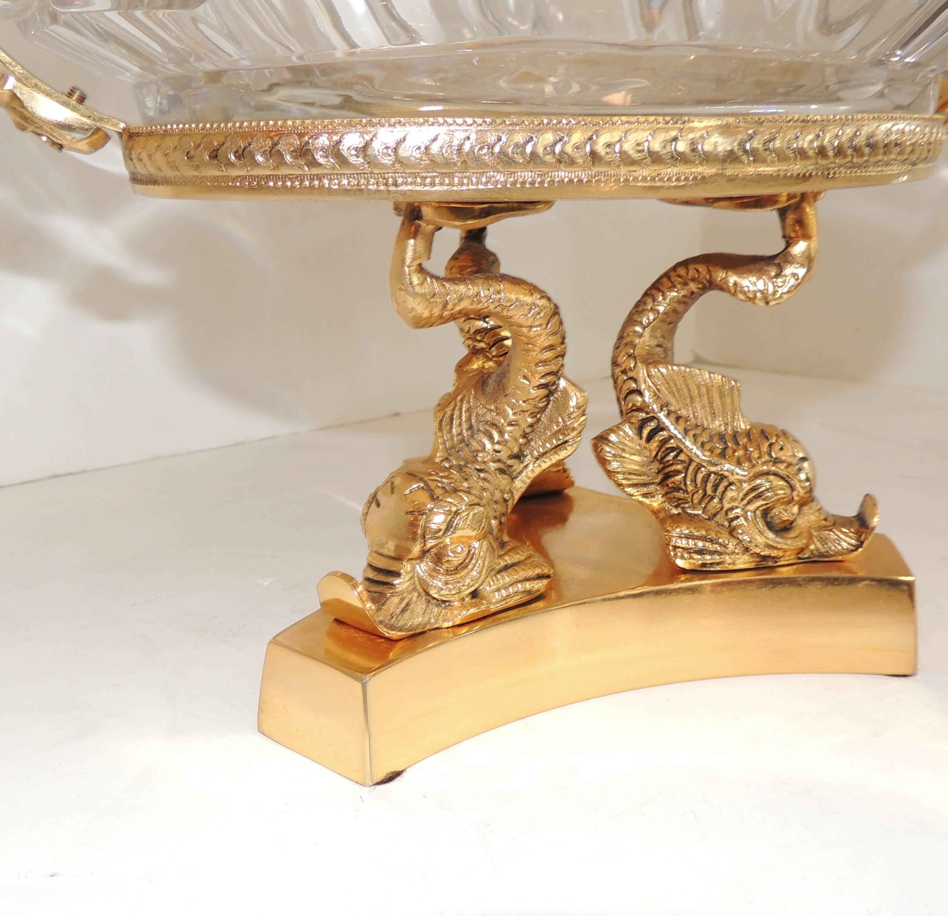 Gilt Wonderful French Doré Bronze Crystal Ormolu Swan Centerpiece Dolphin Pedestal