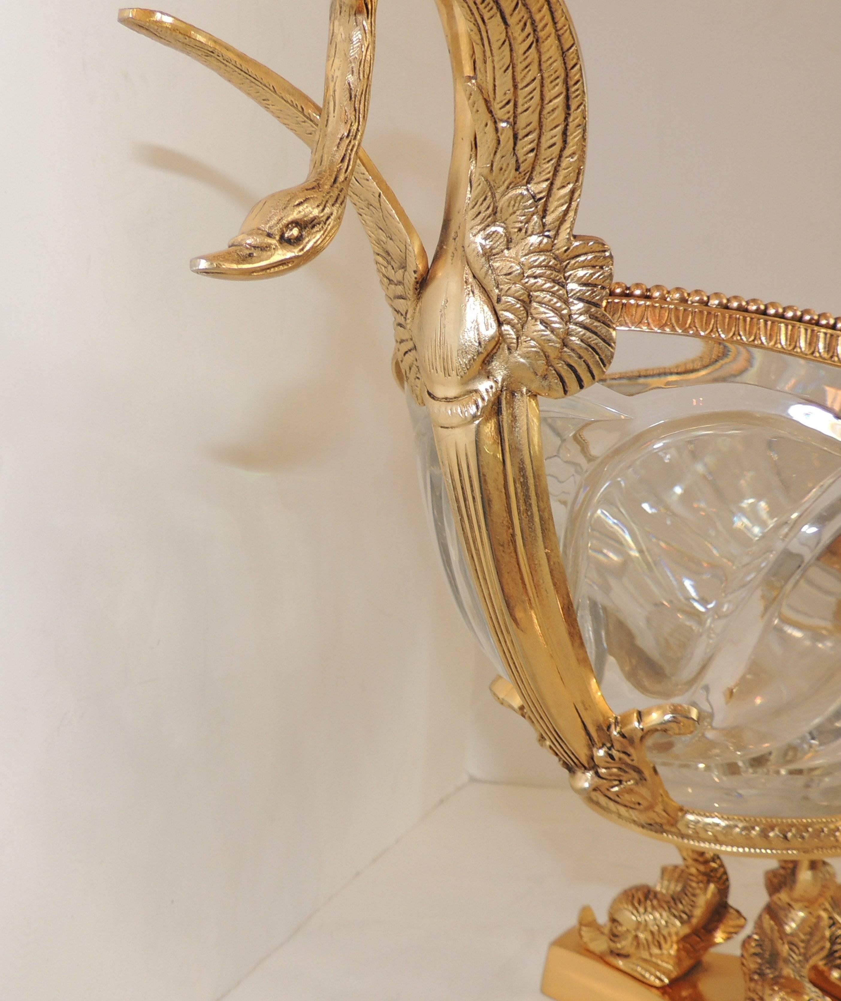 Wonderful French Doré Bronze Crystal Ormolu Swan Centerpiece Dolphin Pedestal In Good Condition In Roslyn, NY