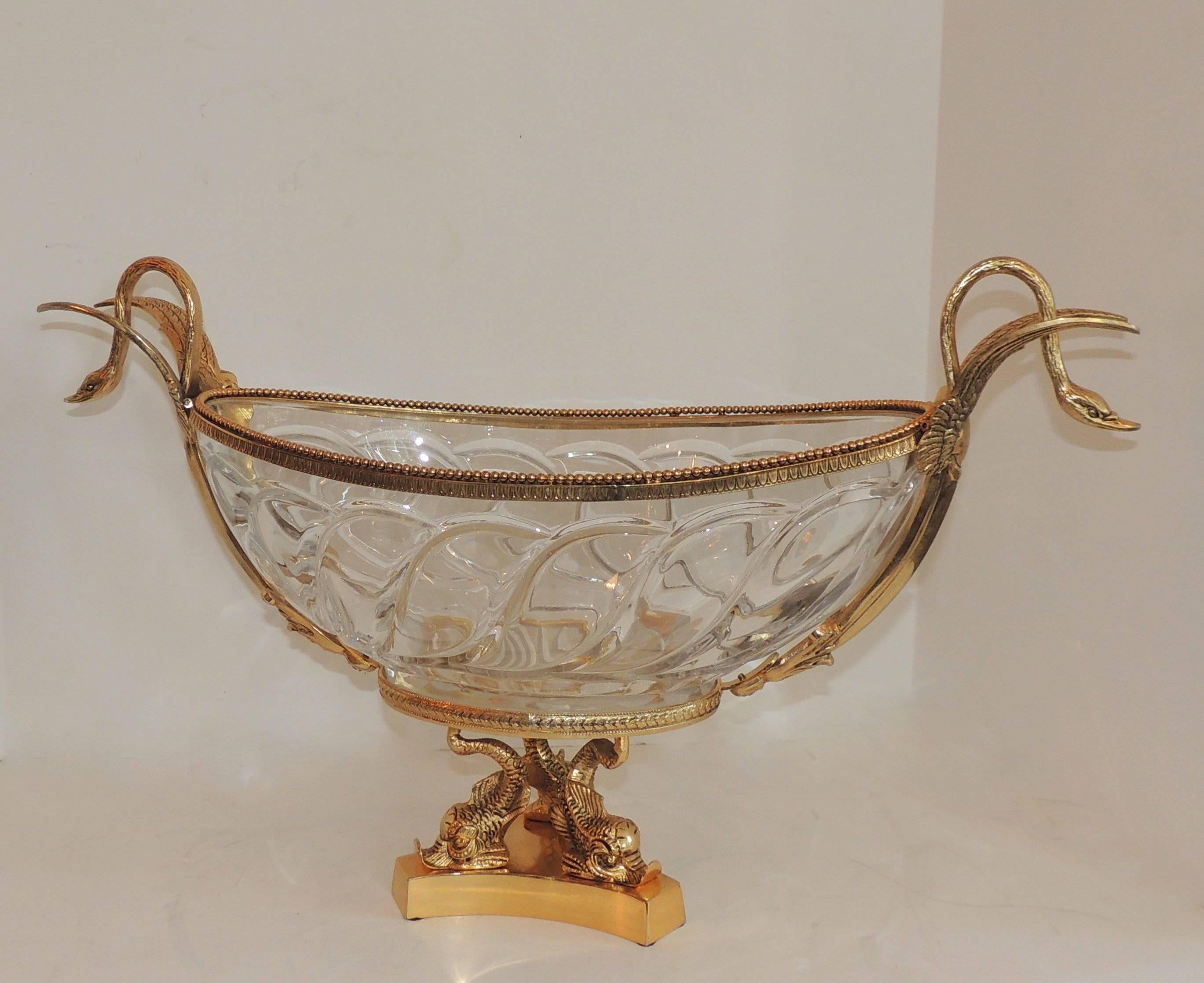 Wonderful French Doré Bronze Crystal Ormolu Swan Centerpiece Dolphin Pedestal 3