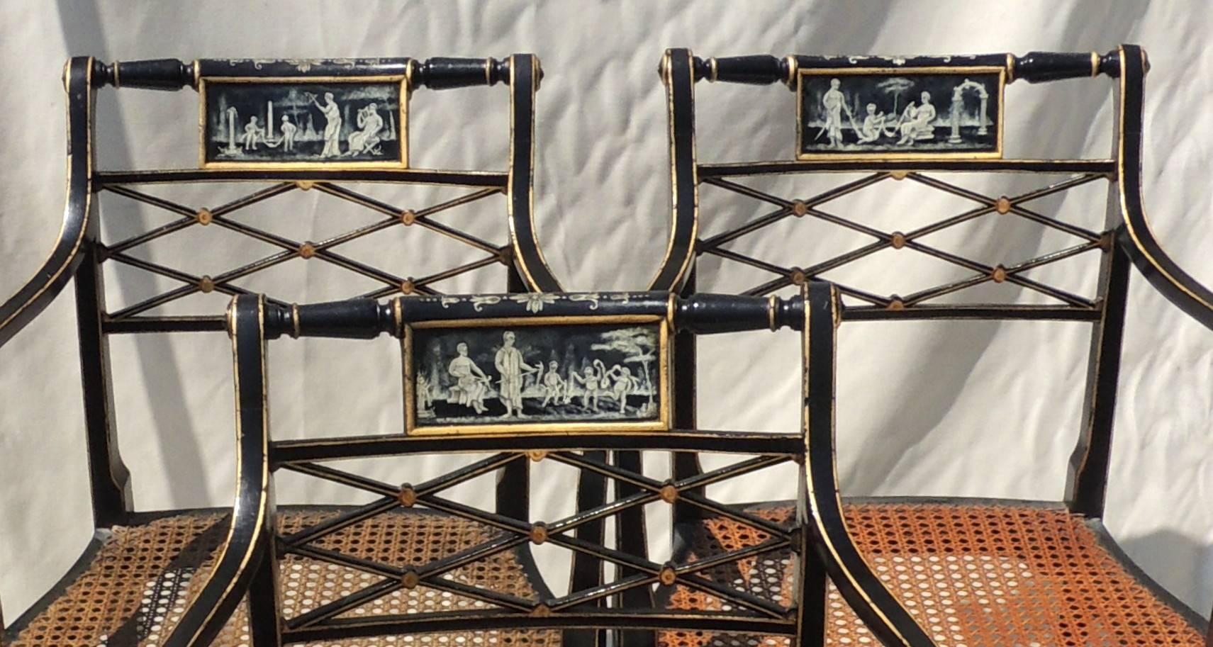 Neoclassical Wonderful Set 14 Hand-Painted Black Gilt Caned Vintage Lattice Back Armchairs