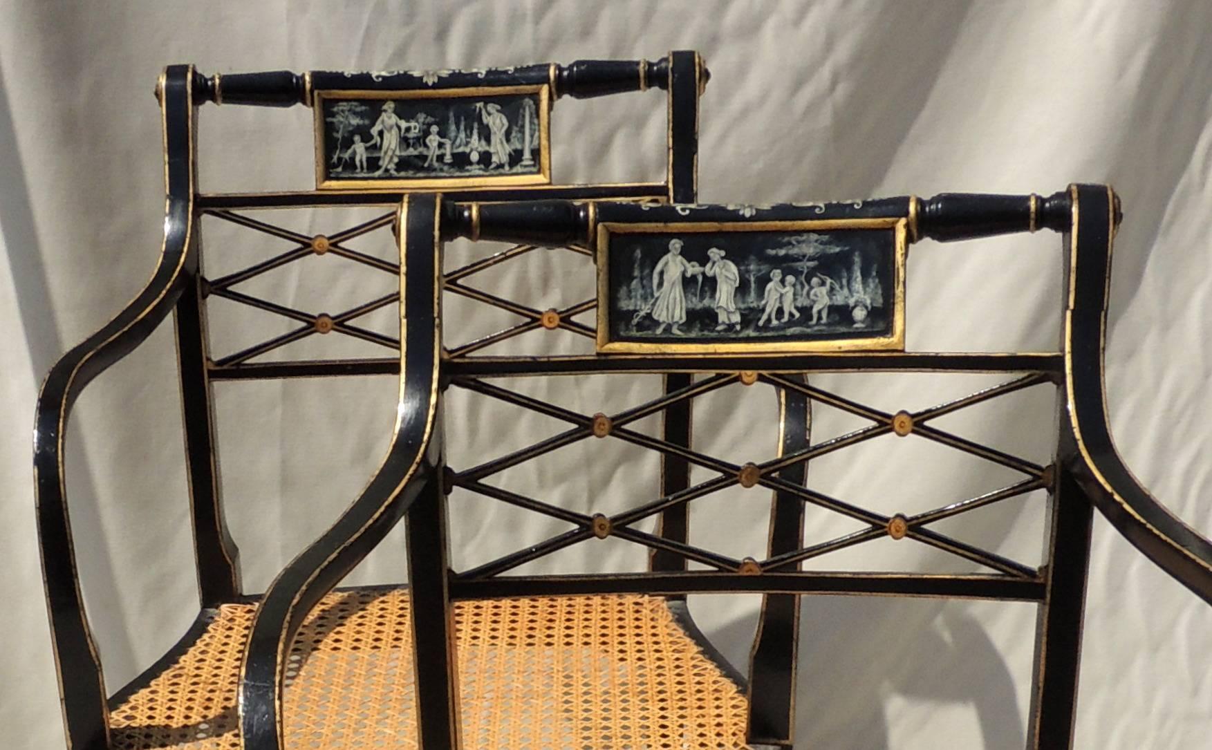 Italian Wonderful Set 14 Hand-Painted Black Gilt Caned Vintage Lattice Back Armchairs