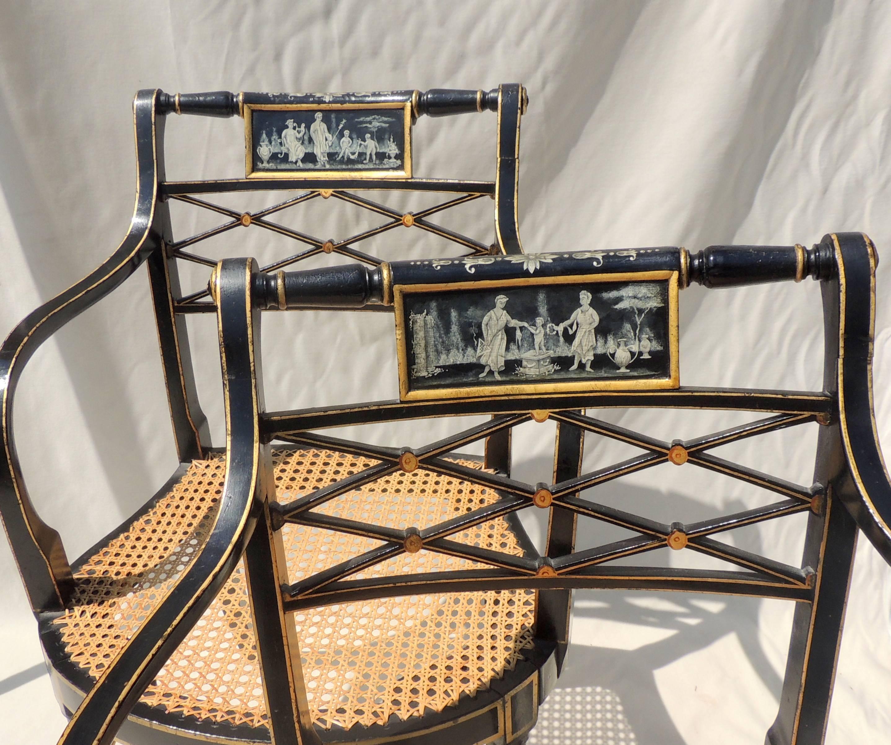 Wonderful Set 14 Hand-Painted Black Gilt Caned Vintage Lattice Back Armchairs In Good Condition In Roslyn, NY