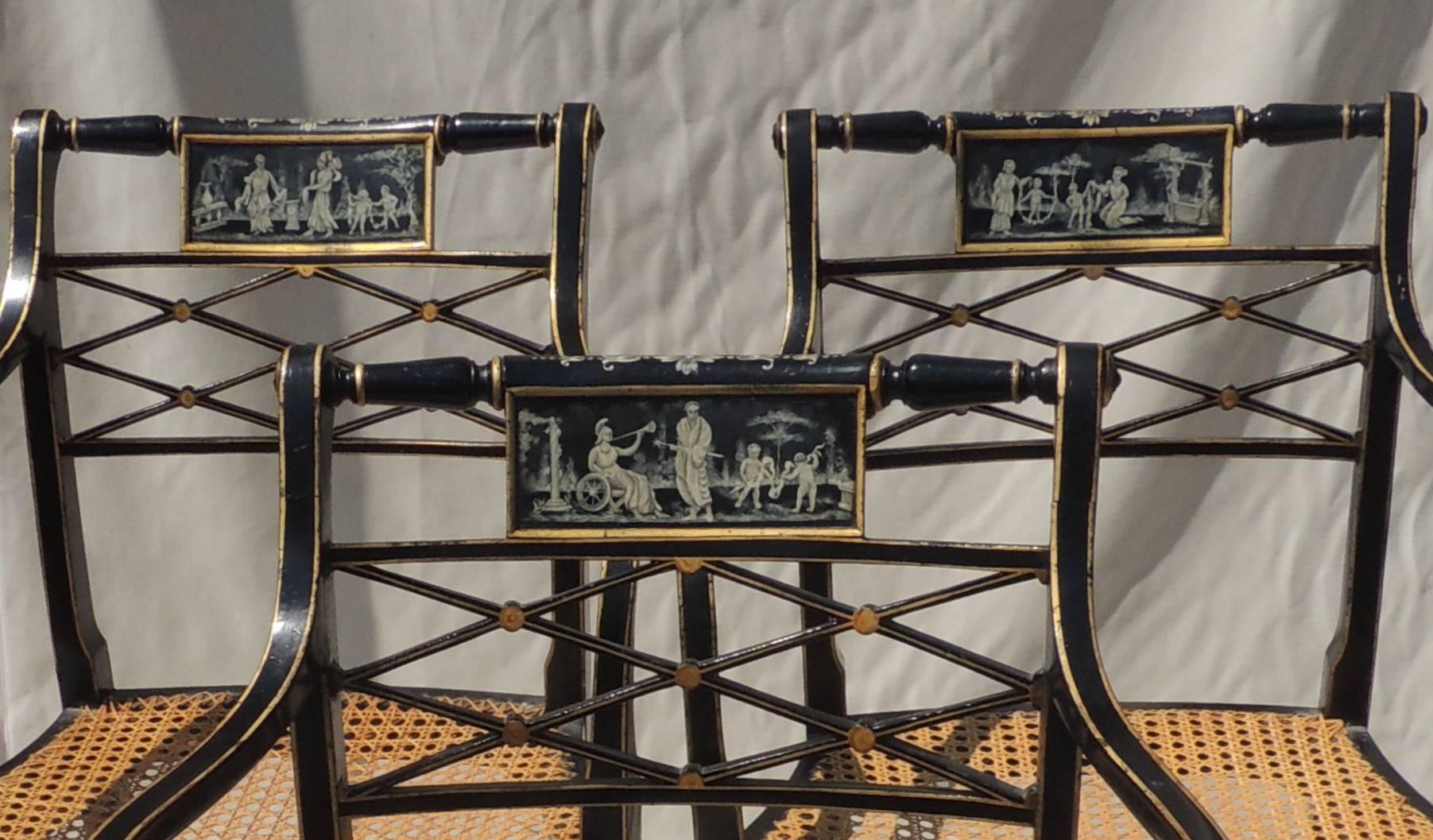 Mid-20th Century Wonderful Set 14 Hand-Painted Black Gilt Caned Vintage Lattice Back Armchairs