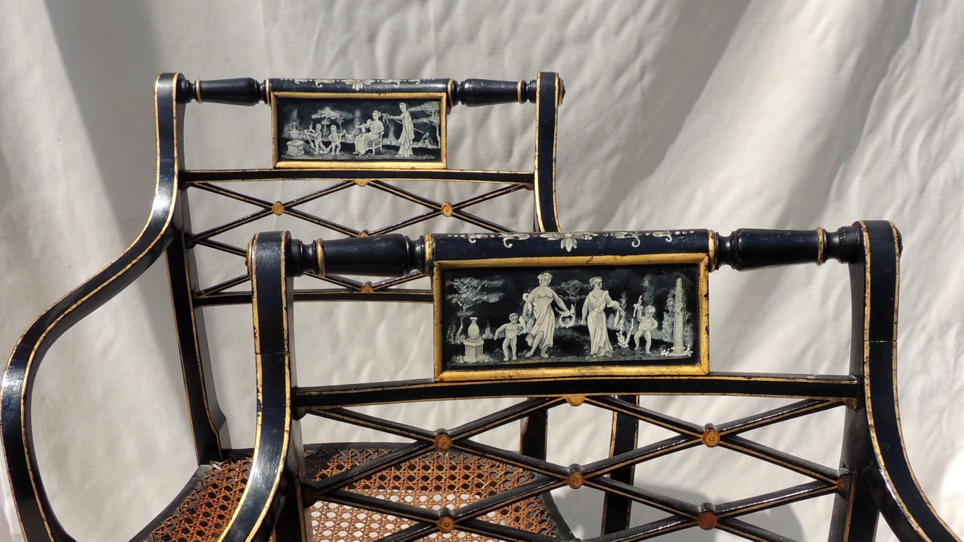 Wonderful Set 14 Hand-Painted Black Gilt Caned Vintage Lattice Back Armchairs 1