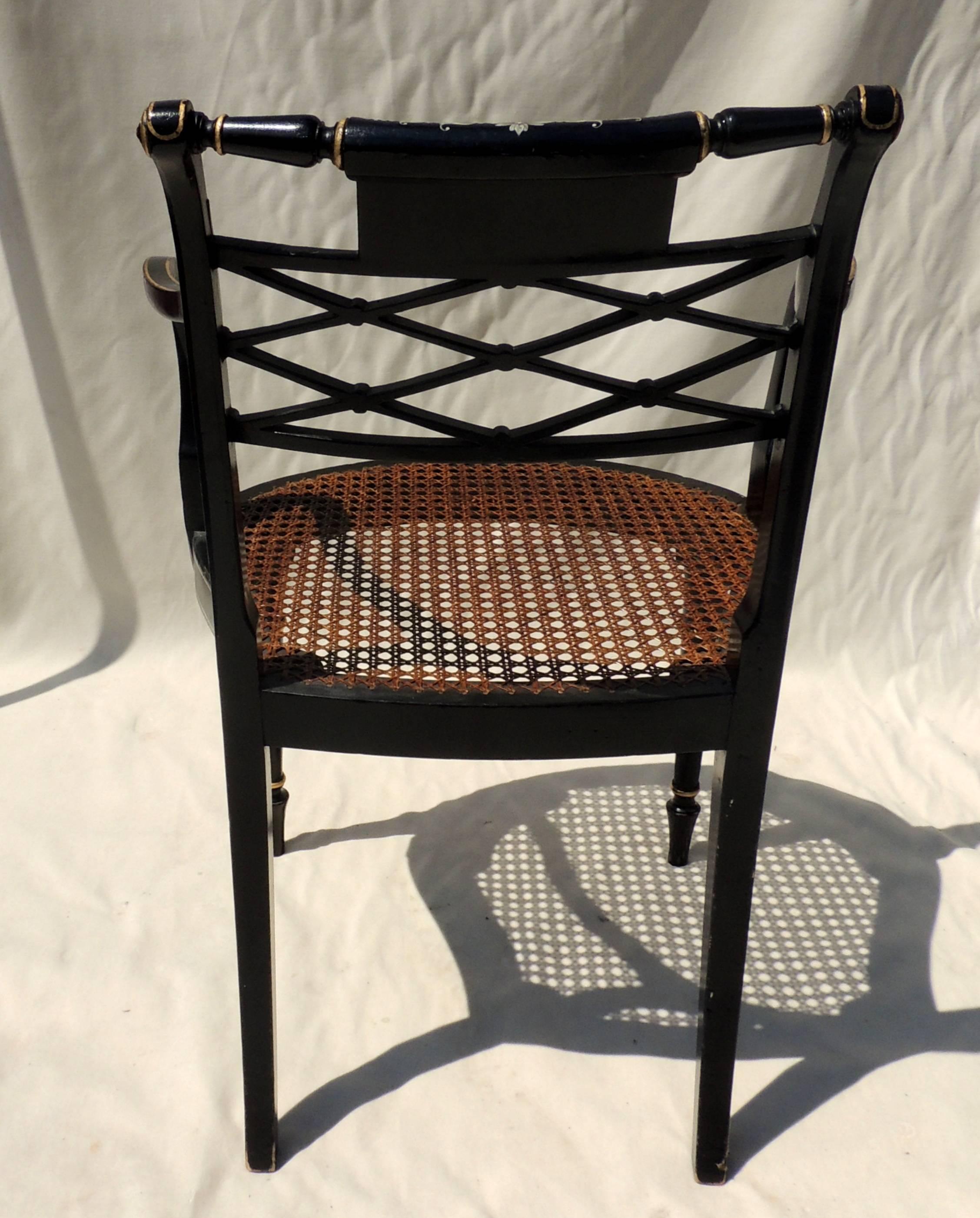 Wonderful Set 14 Hand-Painted Black Gilt Caned Vintage Lattice Back Armchairs 2