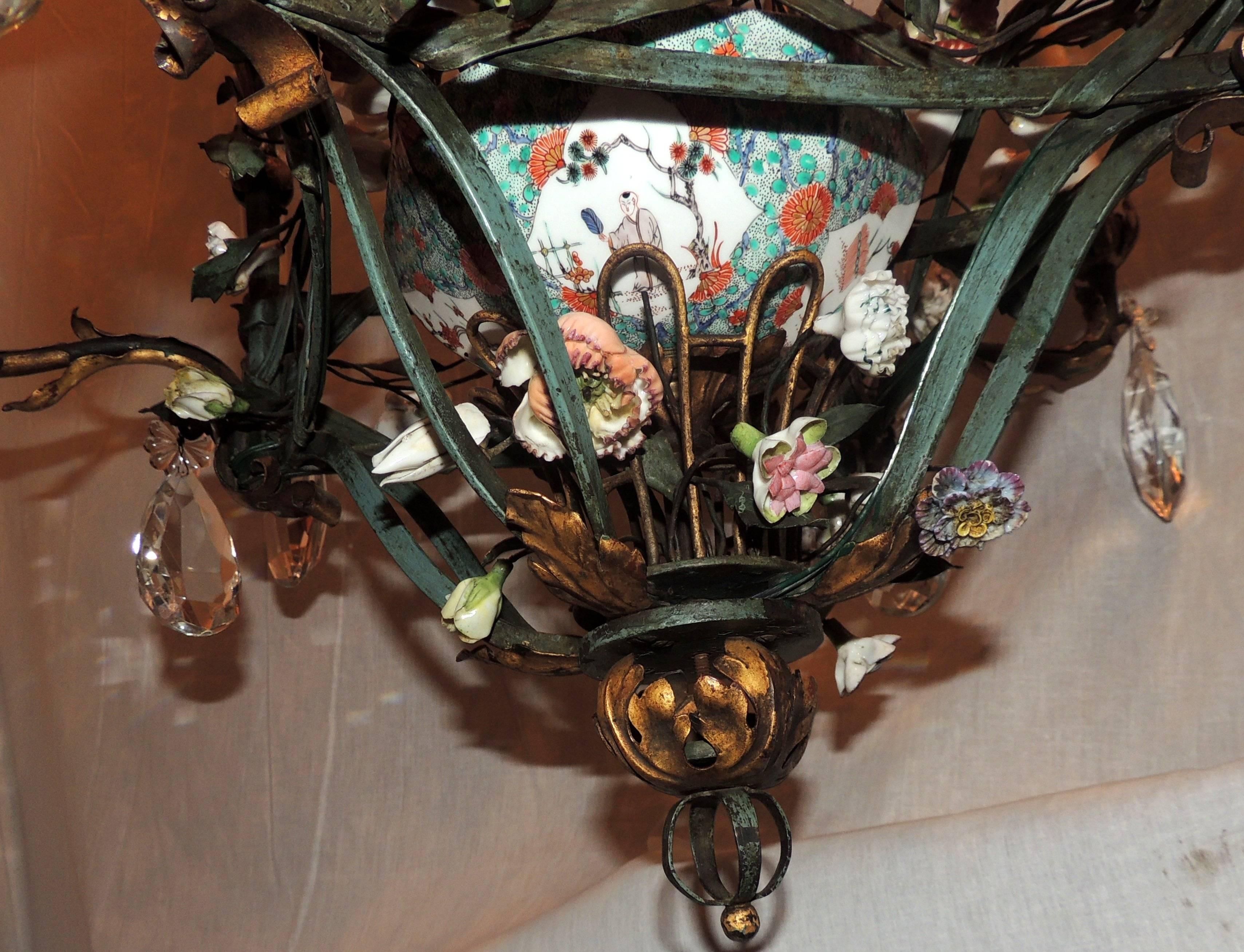 French Tole Gilt Nine-Light Lantern Chandelier Porcelain Flowers Bagues Fixture 4
