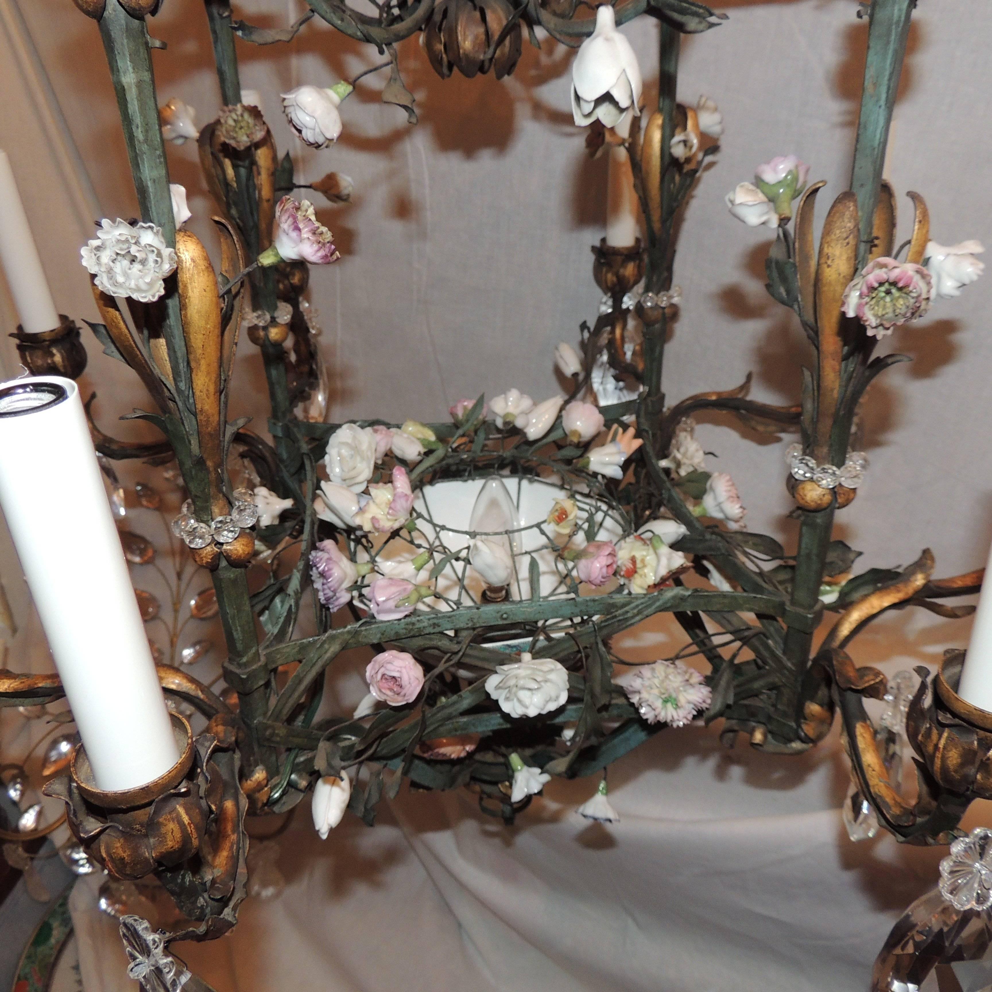 French Tole Gilt Nine-Light Lantern Chandelier Porcelain Flowers Bagues Fixture 5