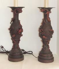 Wonderful Asian Pair Patinated Bronze Japanese Lamps Dragon Frogs Lobster Crabs