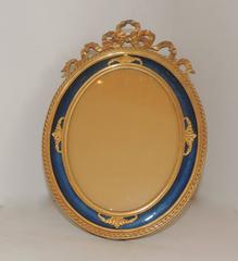Fine Vintage French Bow Doré Bronze Oval Blue Enamel Picture Frame