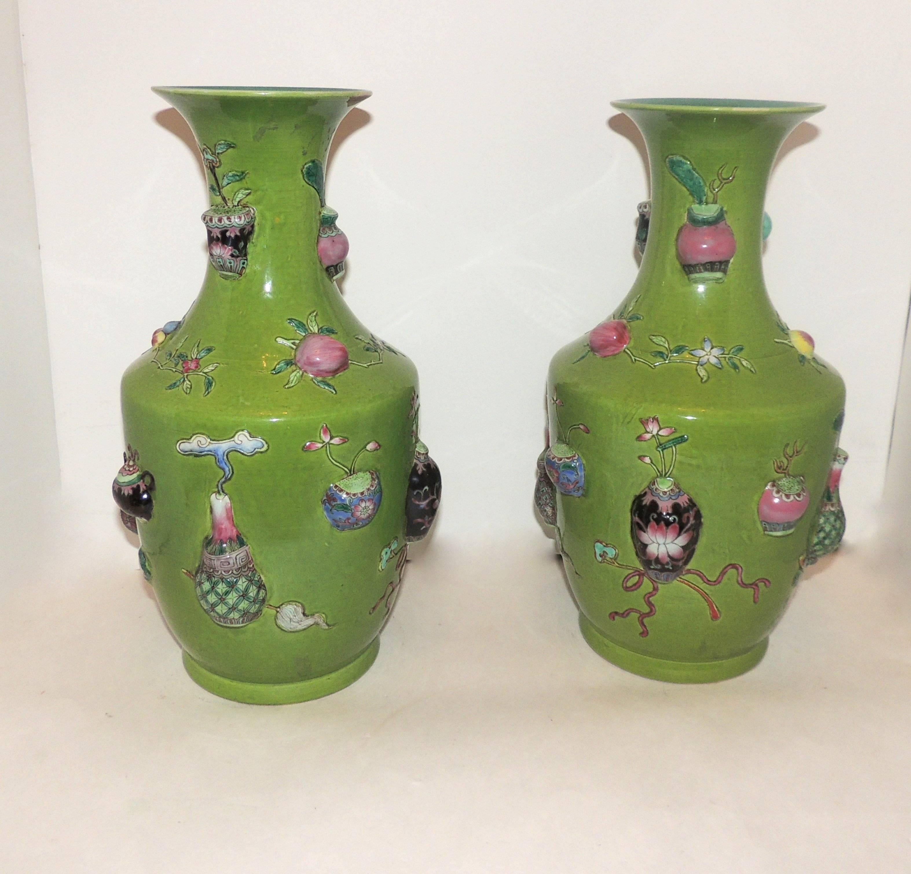Appliqué Fine Pair 19th Century Chinese Rotating Porcelain Urn Vases Famille Vert Glazed