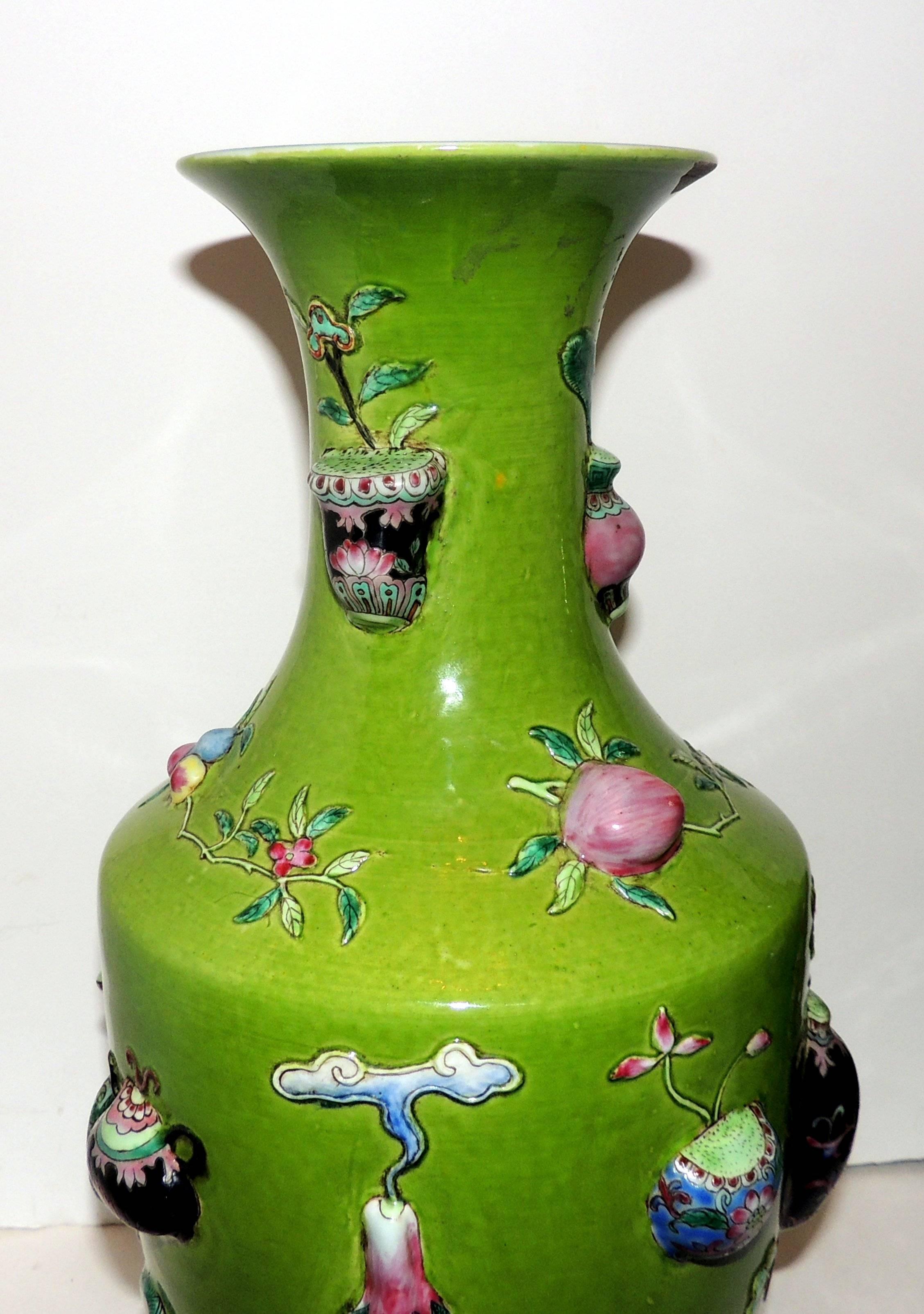 Fine Pair 19th Century Chinese Rotating Porcelain Urn Vases Famille Vert Glazed 2