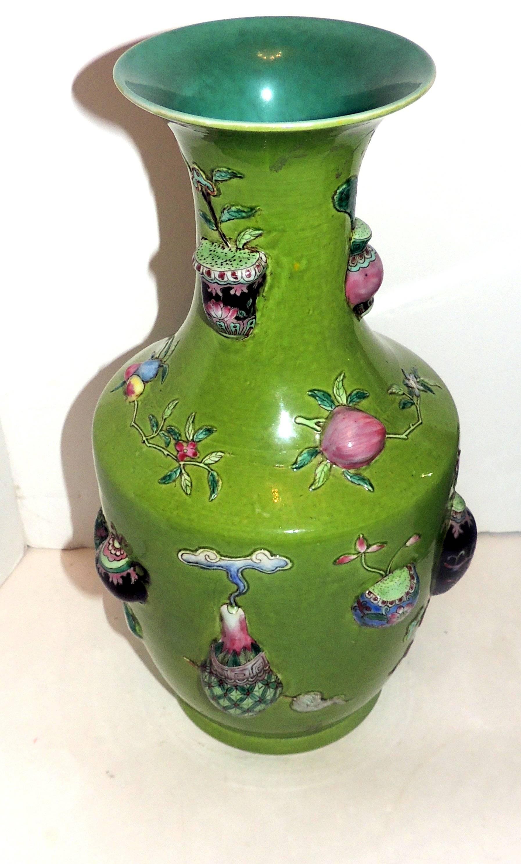 Fine Pair 19th Century Chinese Rotating Porcelain Urn Vases Famille Vert Glazed 1