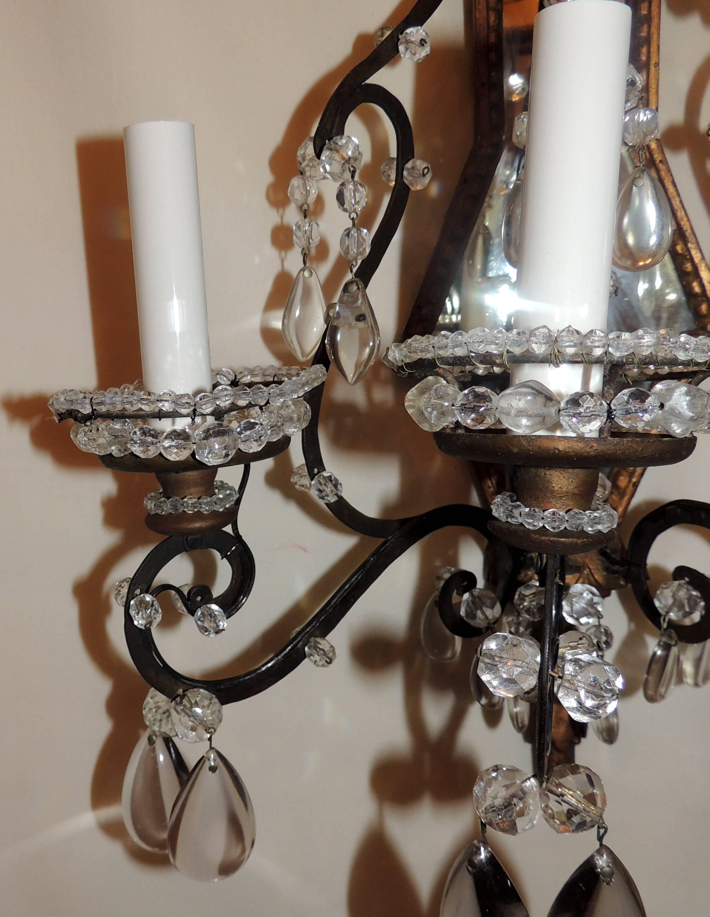 Baroque Wonderful Vintage Pair of Beaded Jansen Gilt Iron Bagues Crystal Sconces