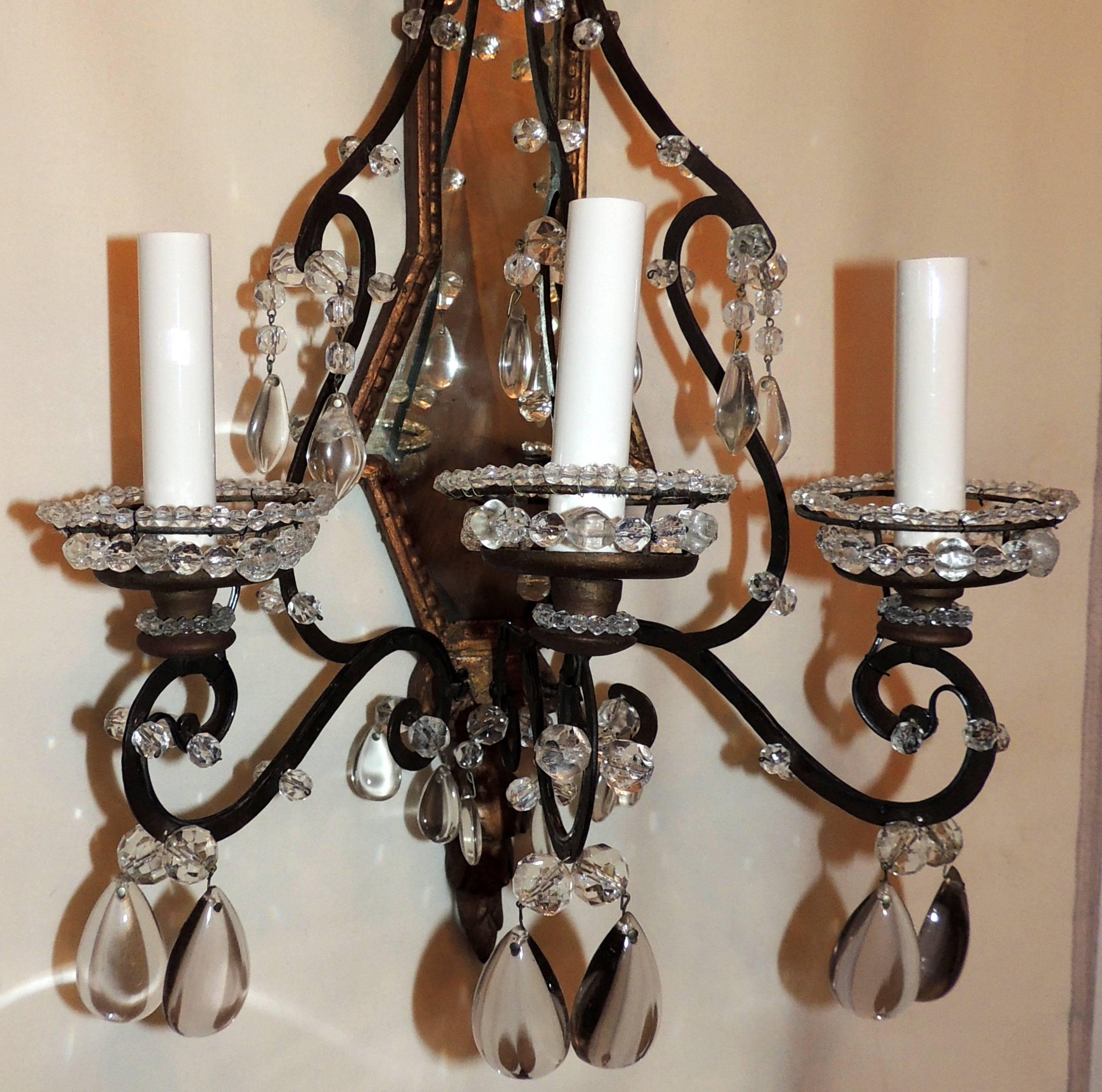 Wonderful Vintage Pair of Beaded Jansen Gilt Iron Bagues Crystal Sconces In Good Condition In Roslyn, NY