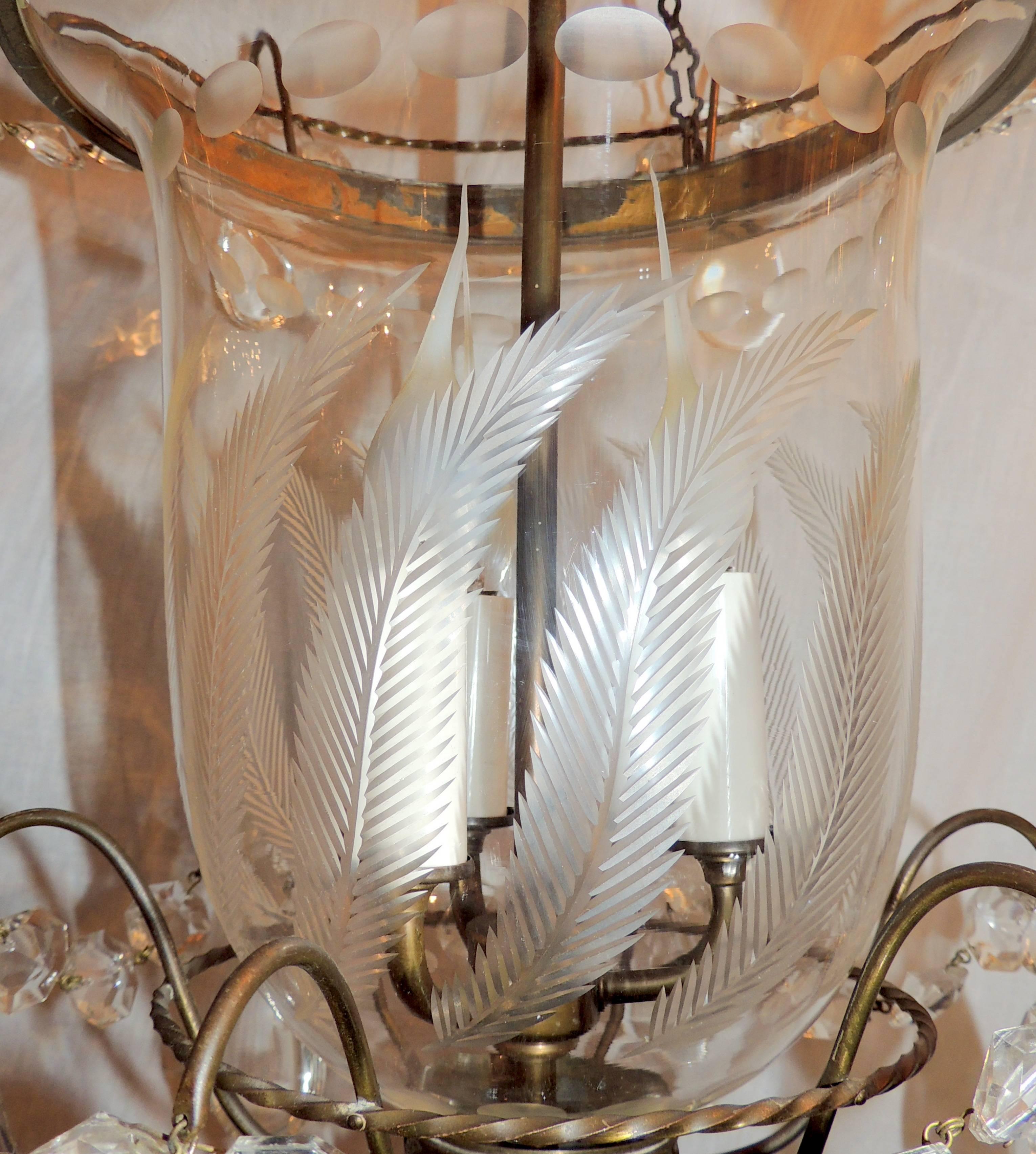 Mid-20th Century Wonderful Etched Glass Leaf Bronze Crystal Regency Neoclassical Bell Jar Lantern