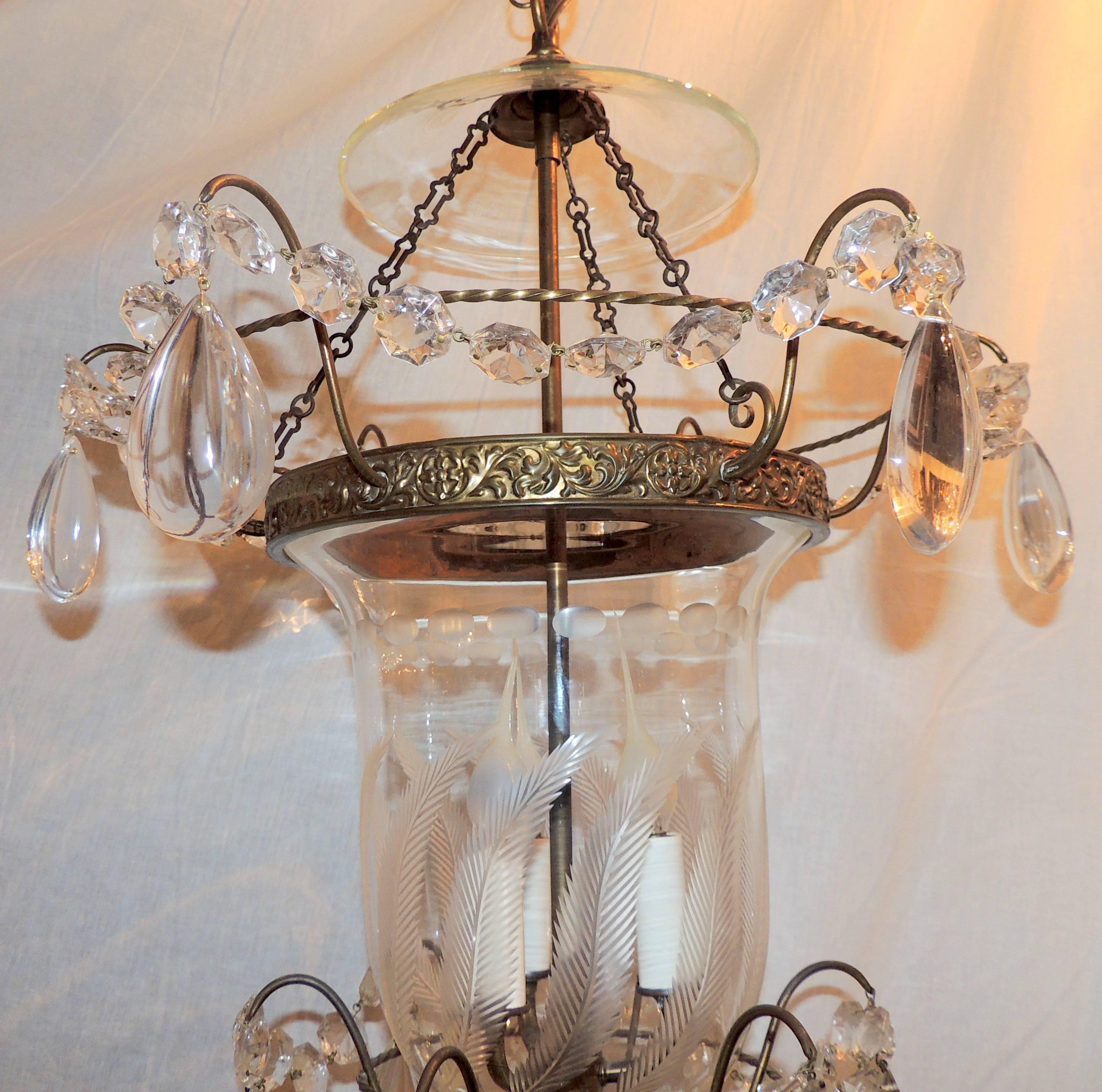 Wonderful Etched Glass Leaf Bronze Crystal Regency Neoclassical Bell Jar Lantern In Good Condition In Roslyn, NY