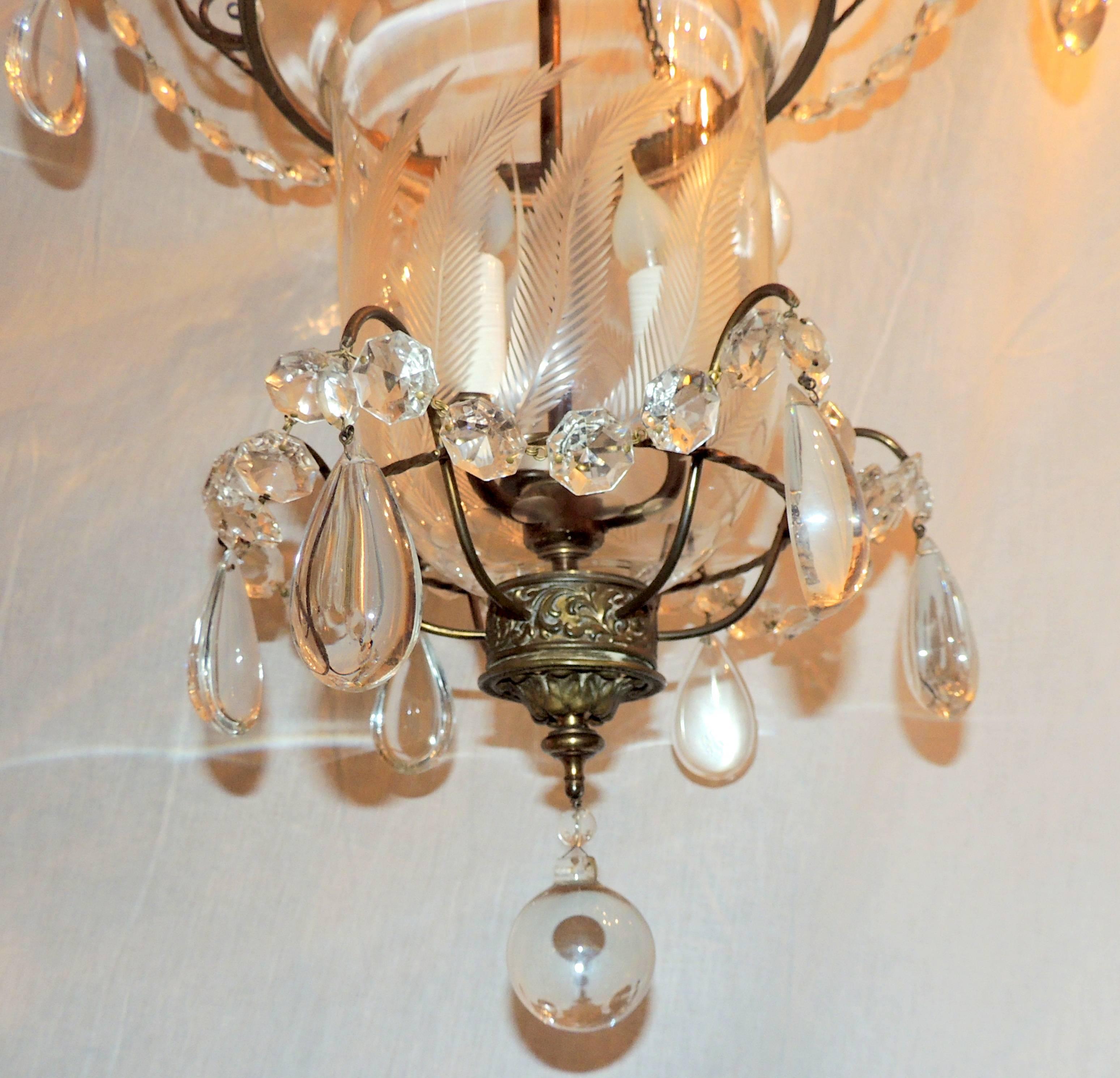 Art Glass Wonderful Etched Glass Leaf Bronze Crystal Regency Neoclassical Bell Jar Lantern