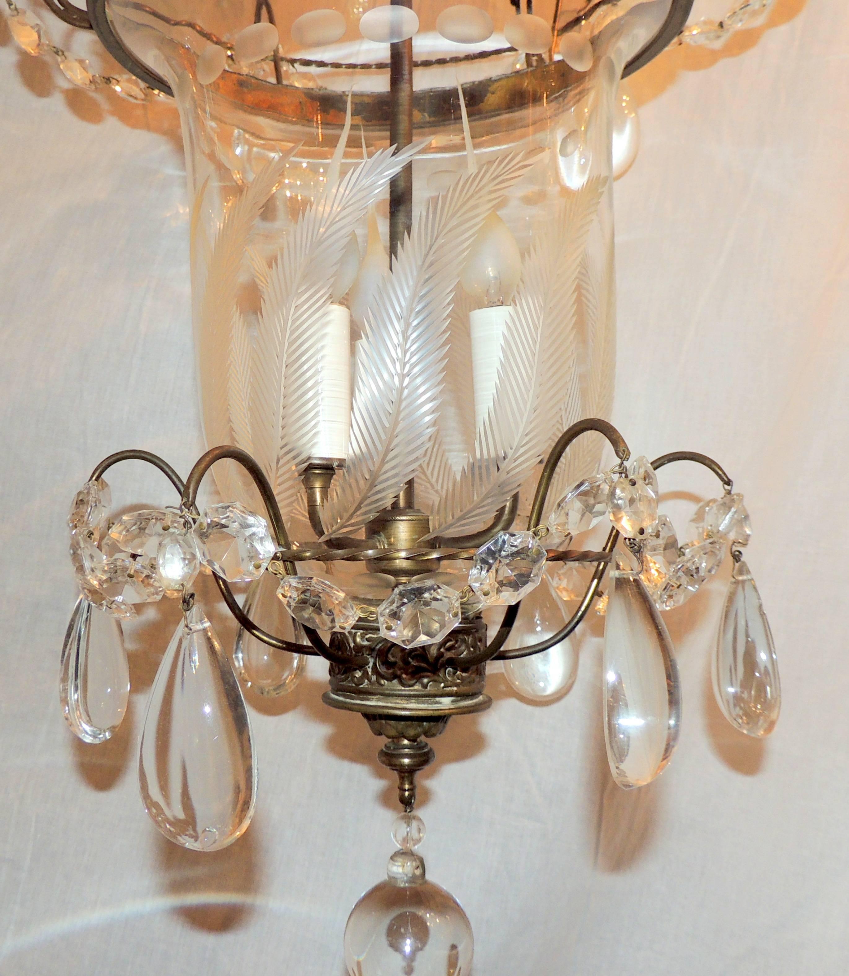 Wonderful Etched Glass Leaf Bronze Crystal Regency Neoclassical Bell Jar Lantern 1