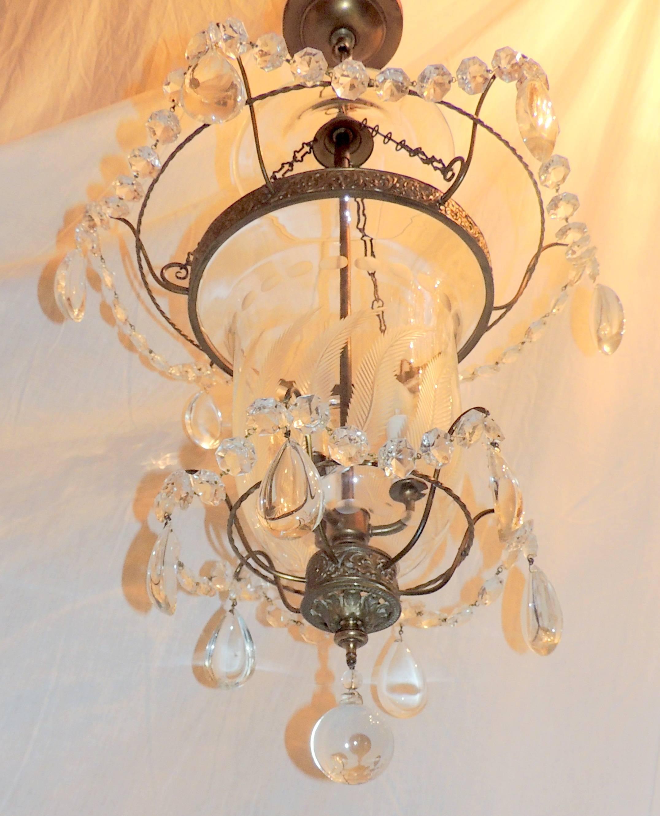 Wonderful Etched Glass Leaf Bronze Crystal Regency Neoclassical Bell Jar Lantern 3