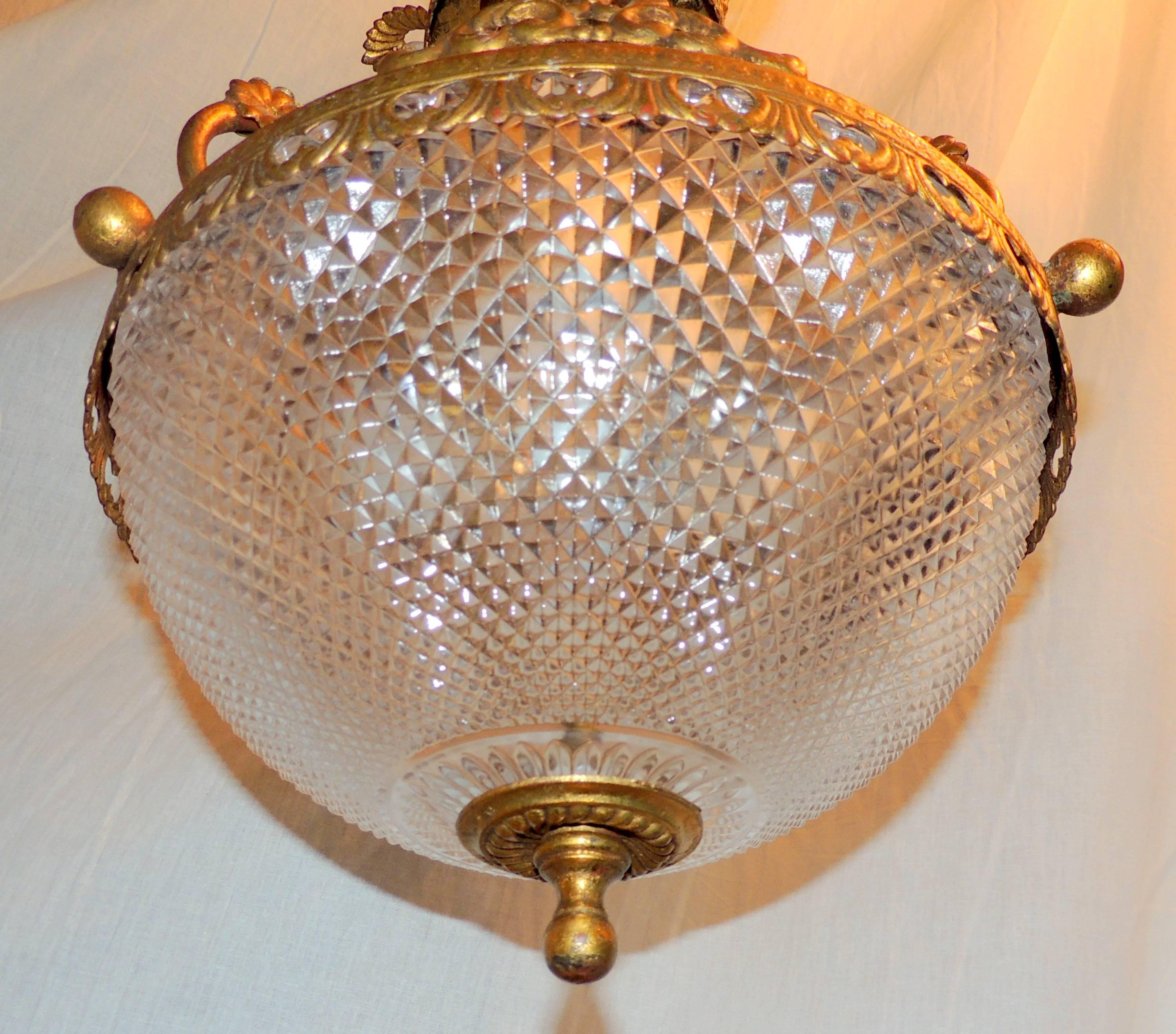 Wonderful Set Three Gilt Tole Cut Crystal Glass Bowl Basket Chandelier Fixtures In Good Condition In Roslyn, NY