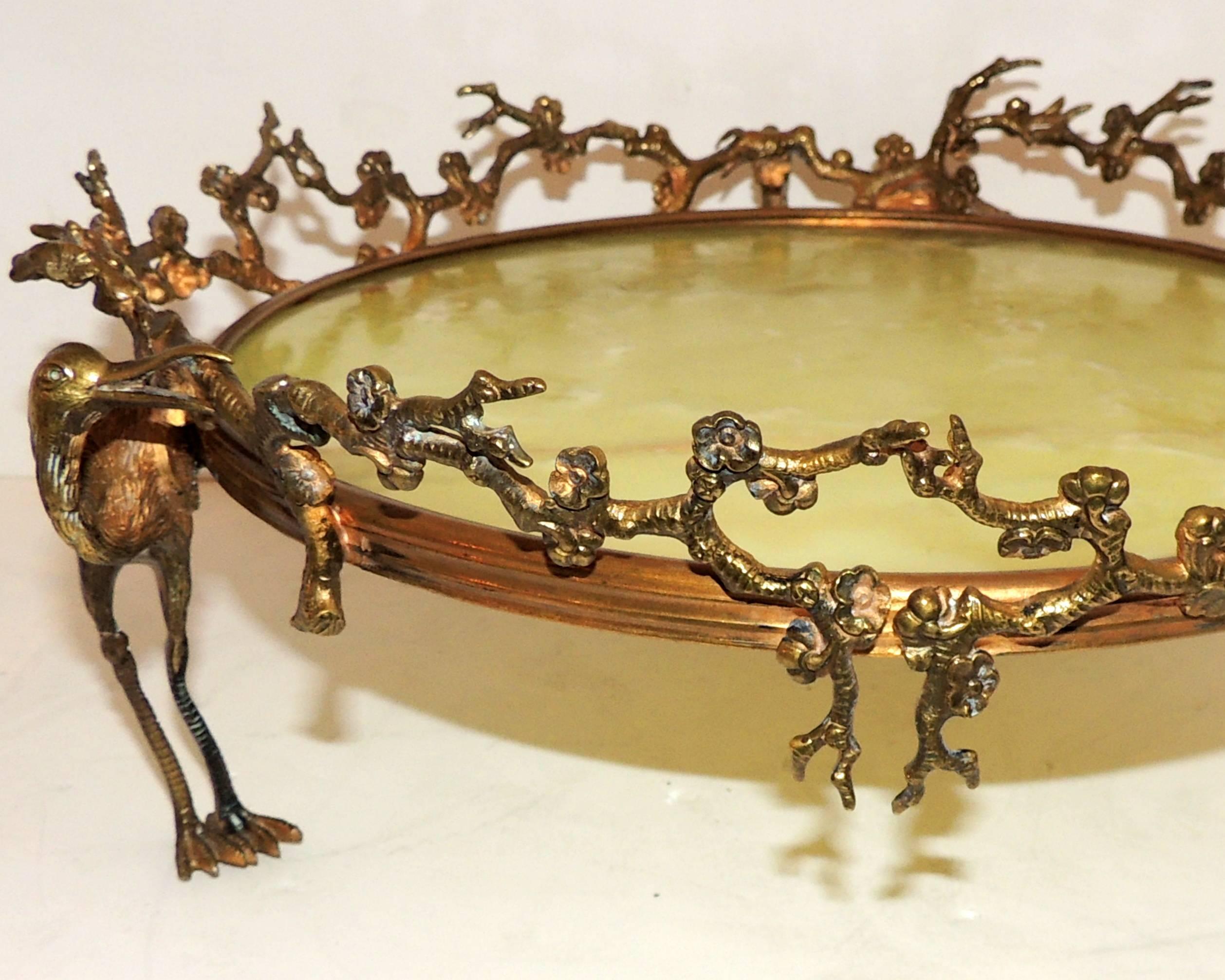 Mid-20th Century Wonderful French Gilt Bronze Onyx Stork Centerpiece Plataeu Chinoiserie Bowl
