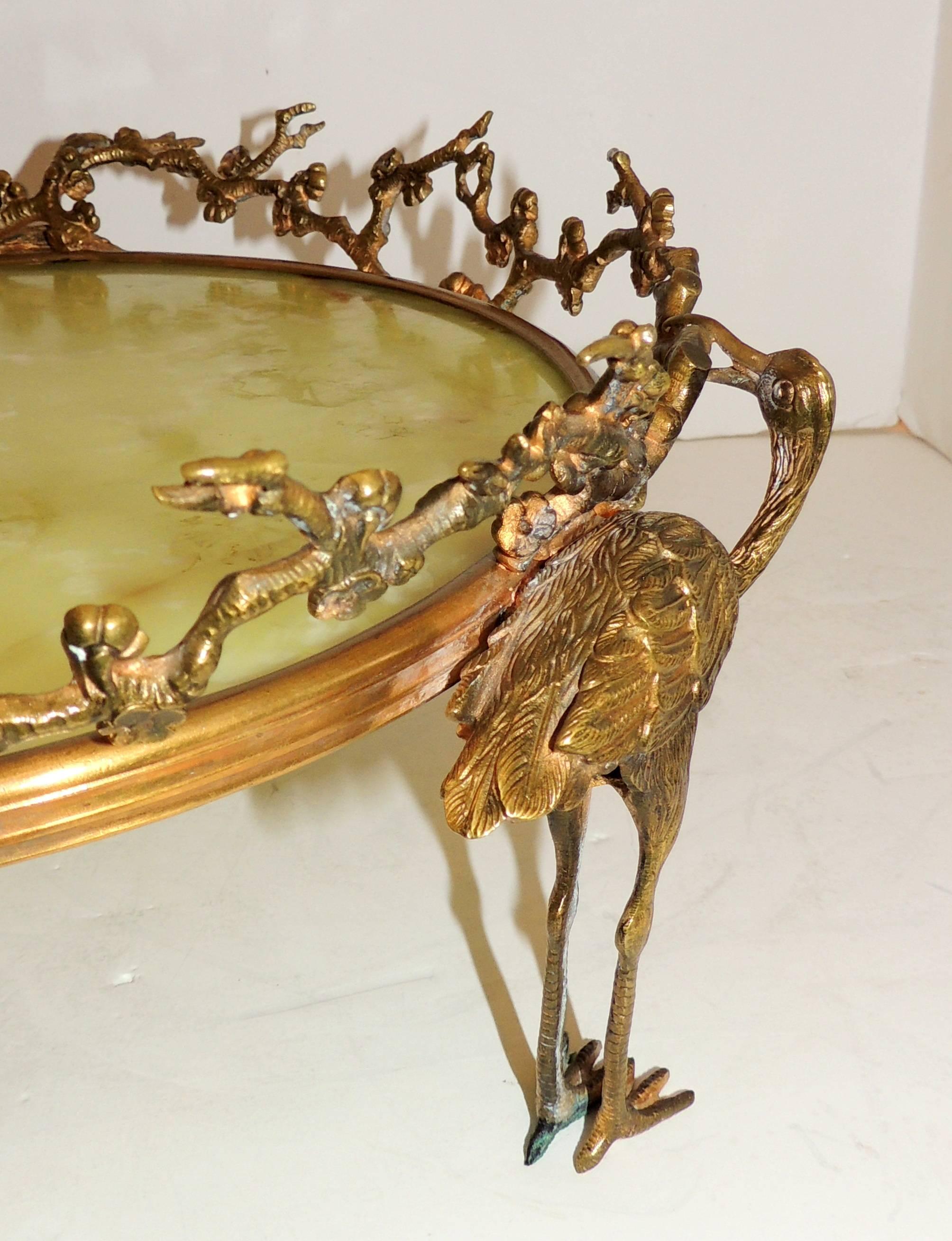 Wonderful French Gilt Bronze Onyx Stork Centerpiece Plataeu Chinoiserie Bowl 2