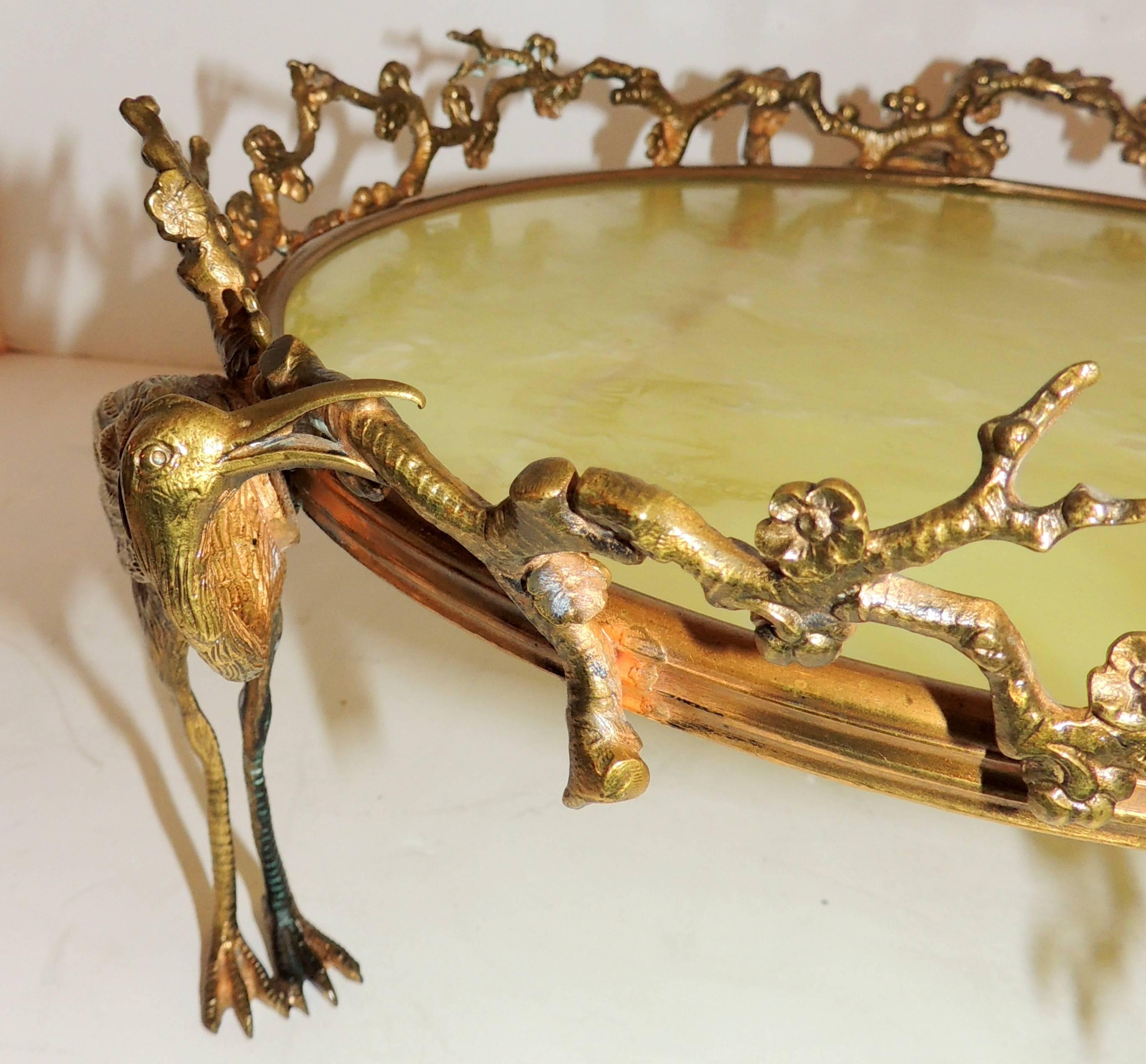 Wonderful French Gilt Bronze Onyx Stork Centerpiece Plataeu Chinoiserie Bowl 3